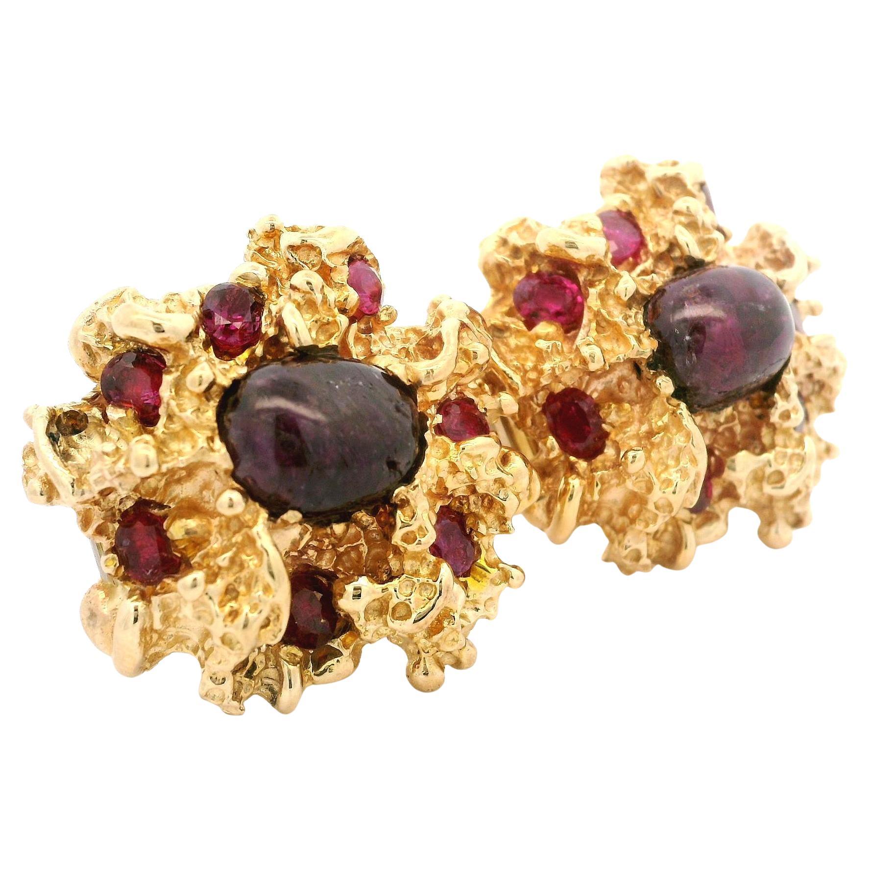 Vintage 14k Gold Cabochon Ruby Large Nugget Heavy Double Clip Pin Cufflinks