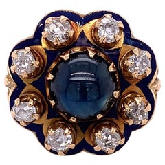 Vintage 14k Gold Cabochon Sapphire w/ Halo of European Cut Diamond Enamel Ring