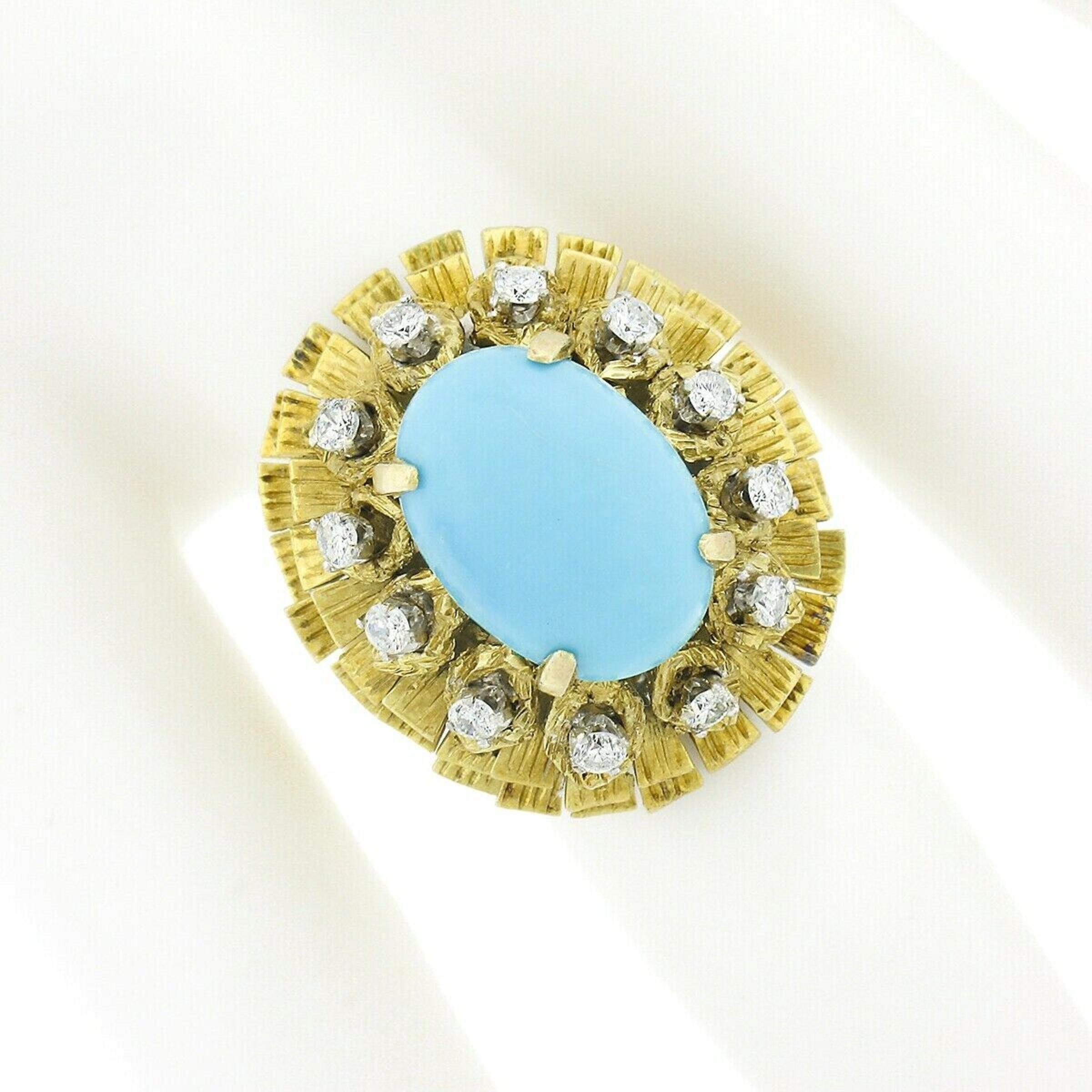Vintage 14k Gold Cabochon Turquoise .36ct Diamond Textured Layered Cocktail Ring For Sale 6