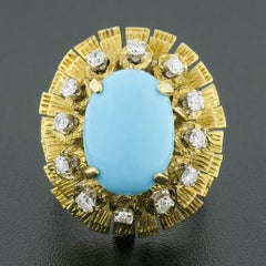 Vintage 14k Gold Cabochon Turquoise .36ct Diamond Textured Layered Cocktail Ring