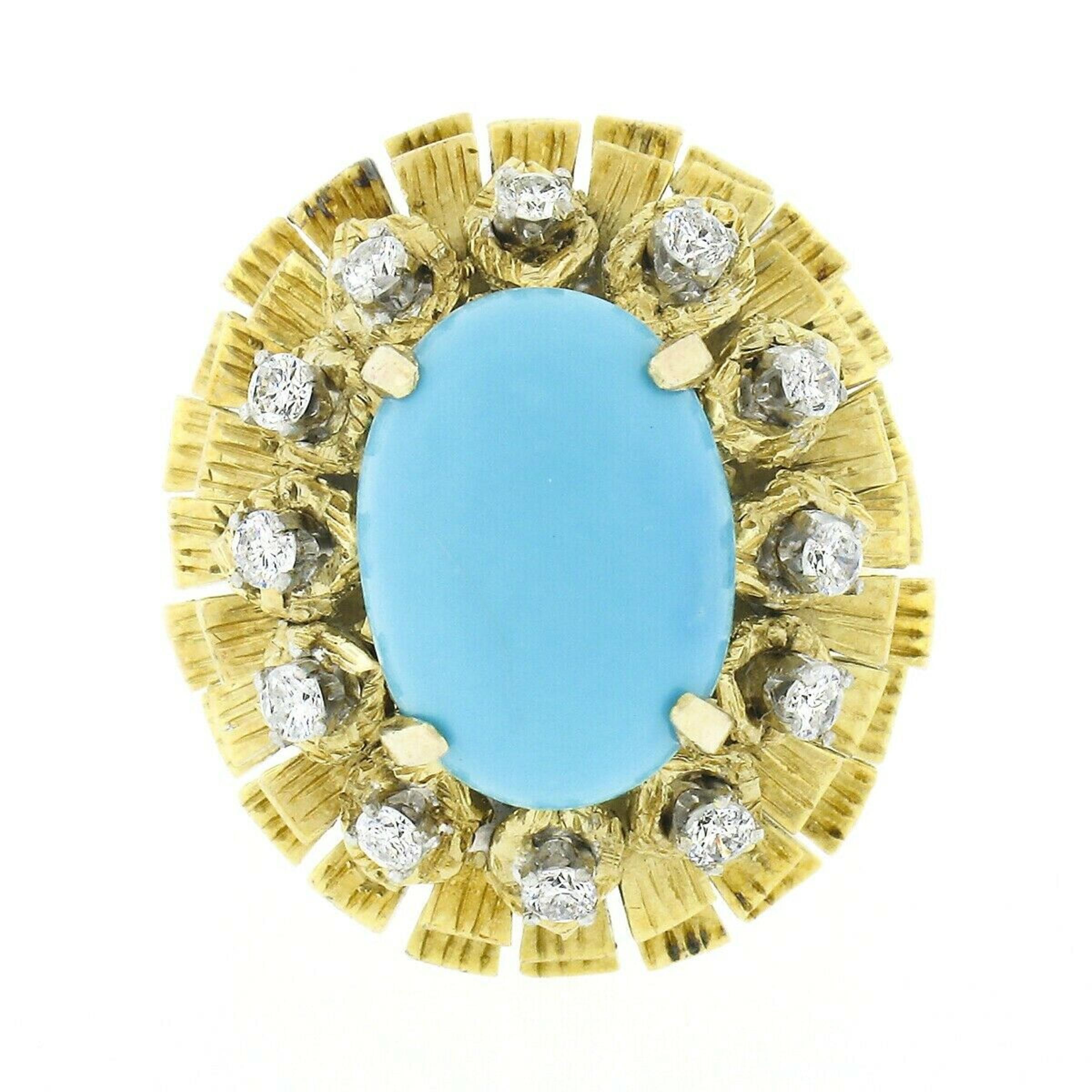 Vintage 14k Gold Cabochon Turquoise .36ct Diamond Textured Layered Cocktail Ring In Good Condition For Sale In Montclair, NJ