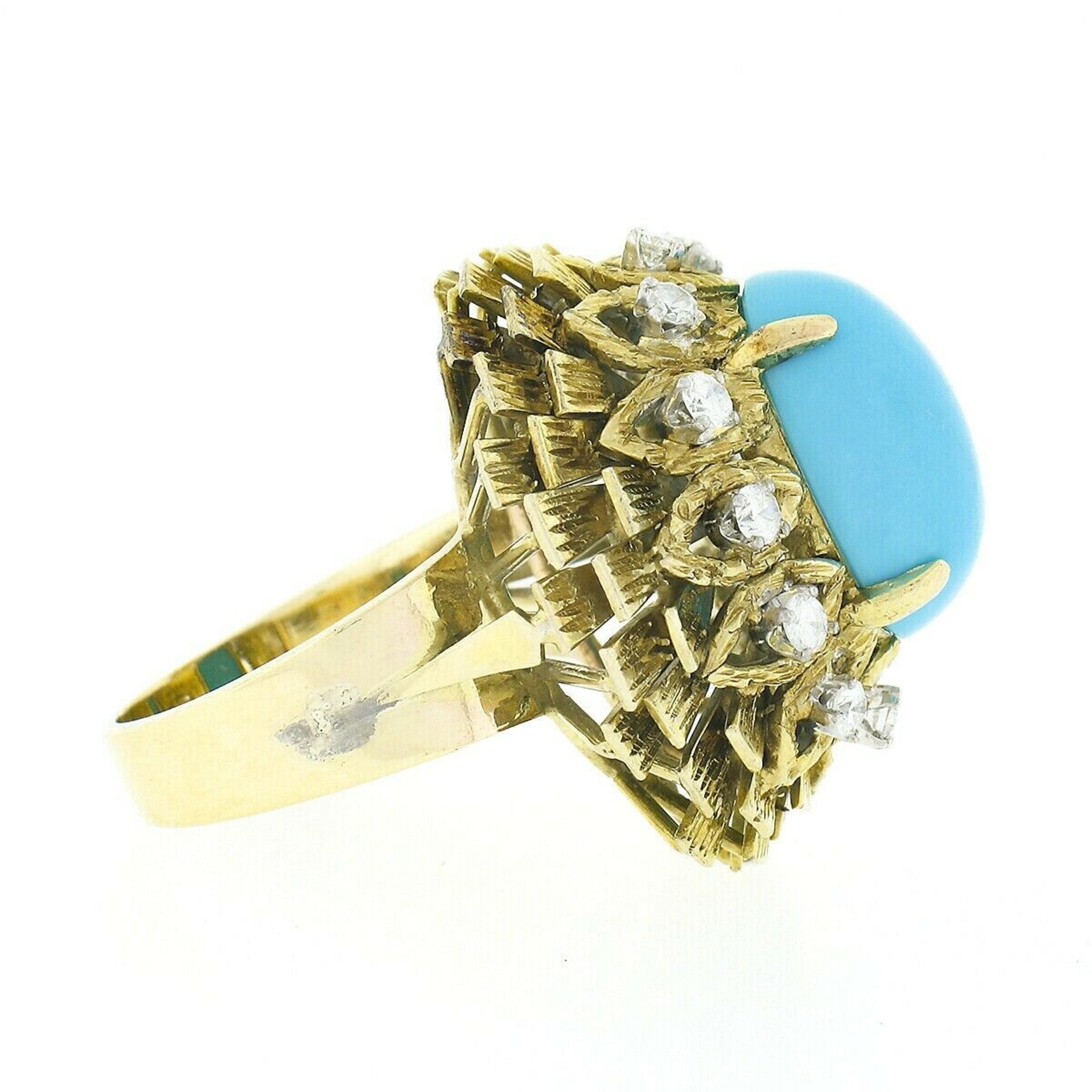 Women's Vintage 14k Gold Cabochon Turquoise .36ct Diamond Textured Layered Cocktail Ring For Sale