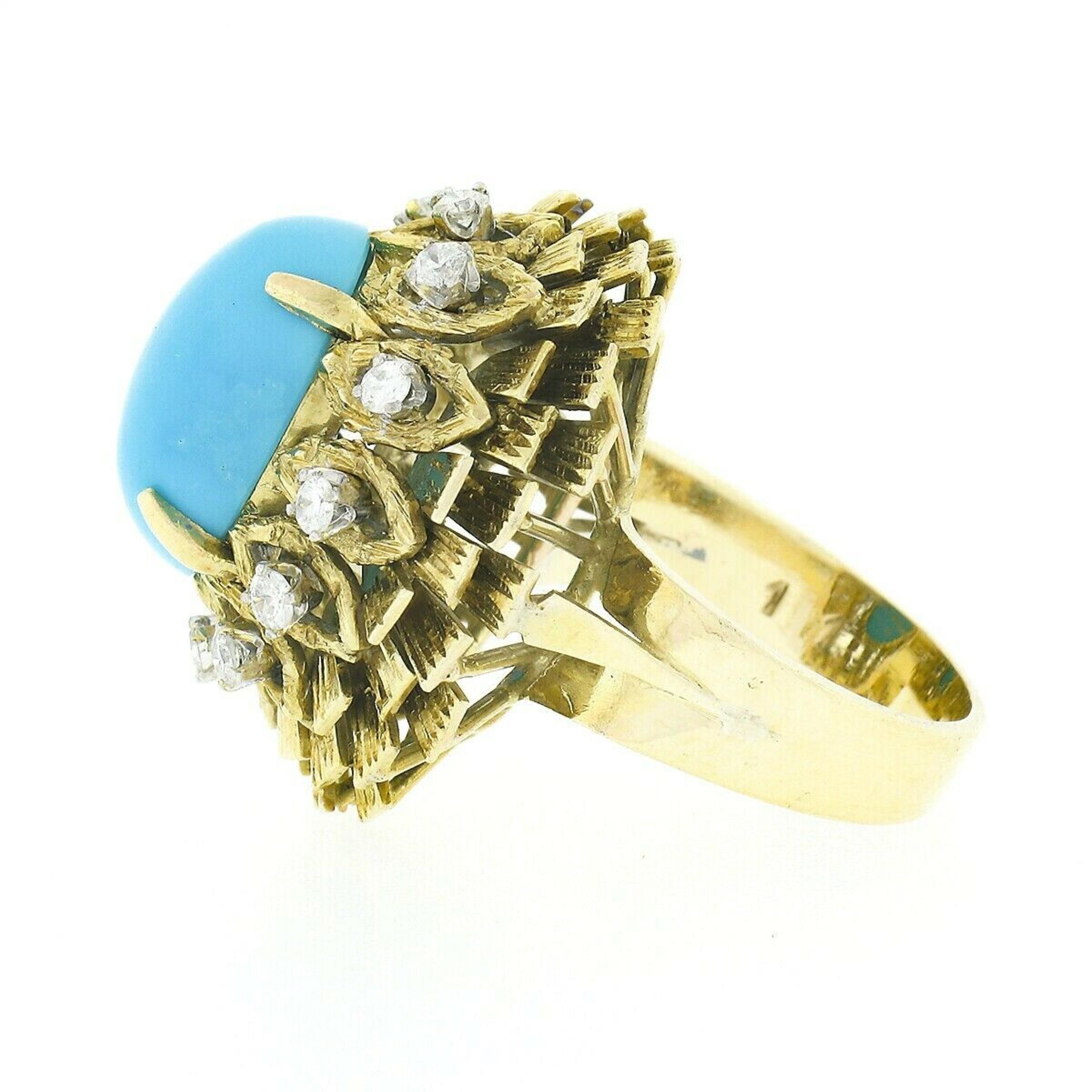 Vintage 14k Gold Cabochon Turquoise .36ct Diamond Textured Layered Cocktail Ring For Sale 1