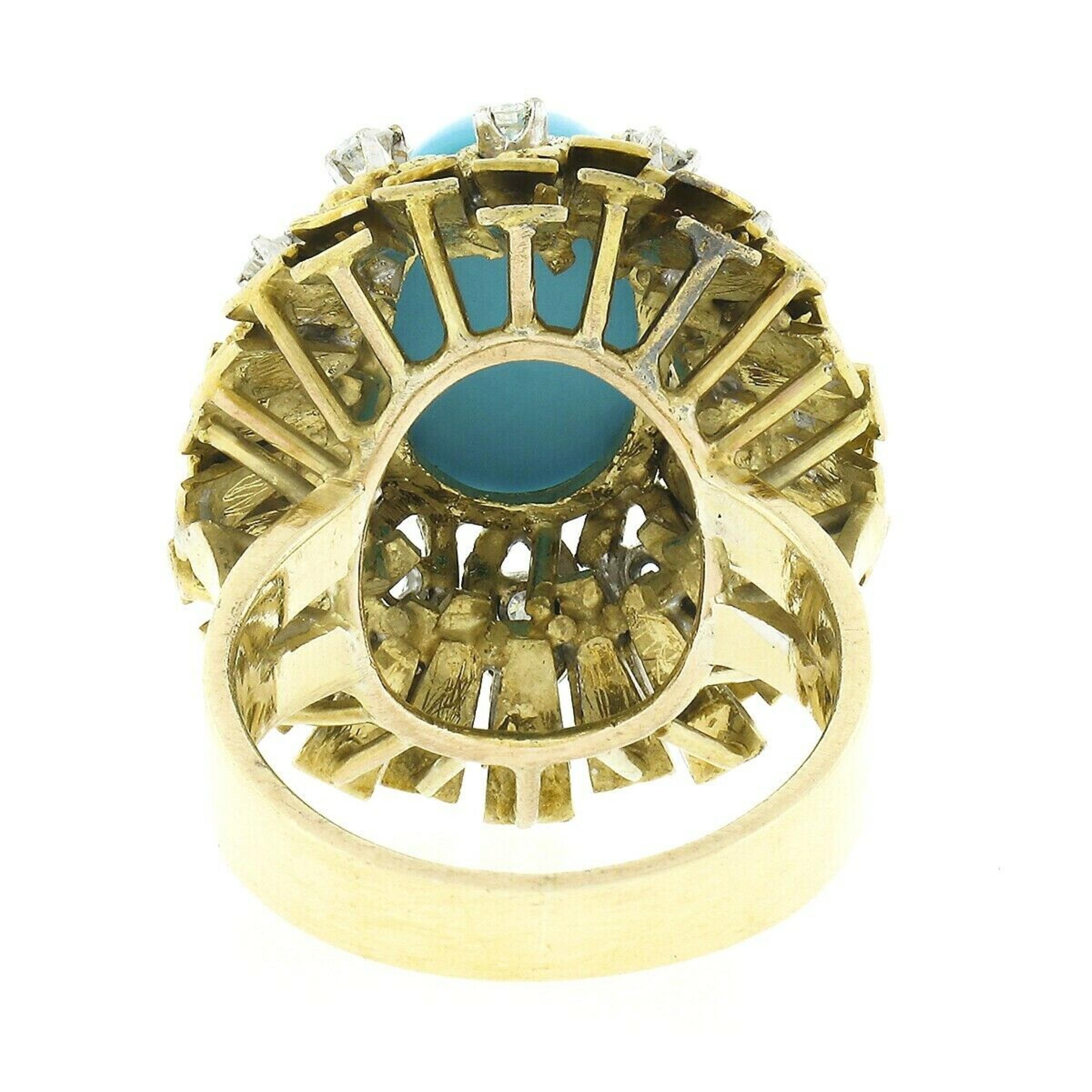 Vintage 14k Gold Cabochon Turquoise .36ct Diamond Textured Layered Cocktail Ring For Sale 2