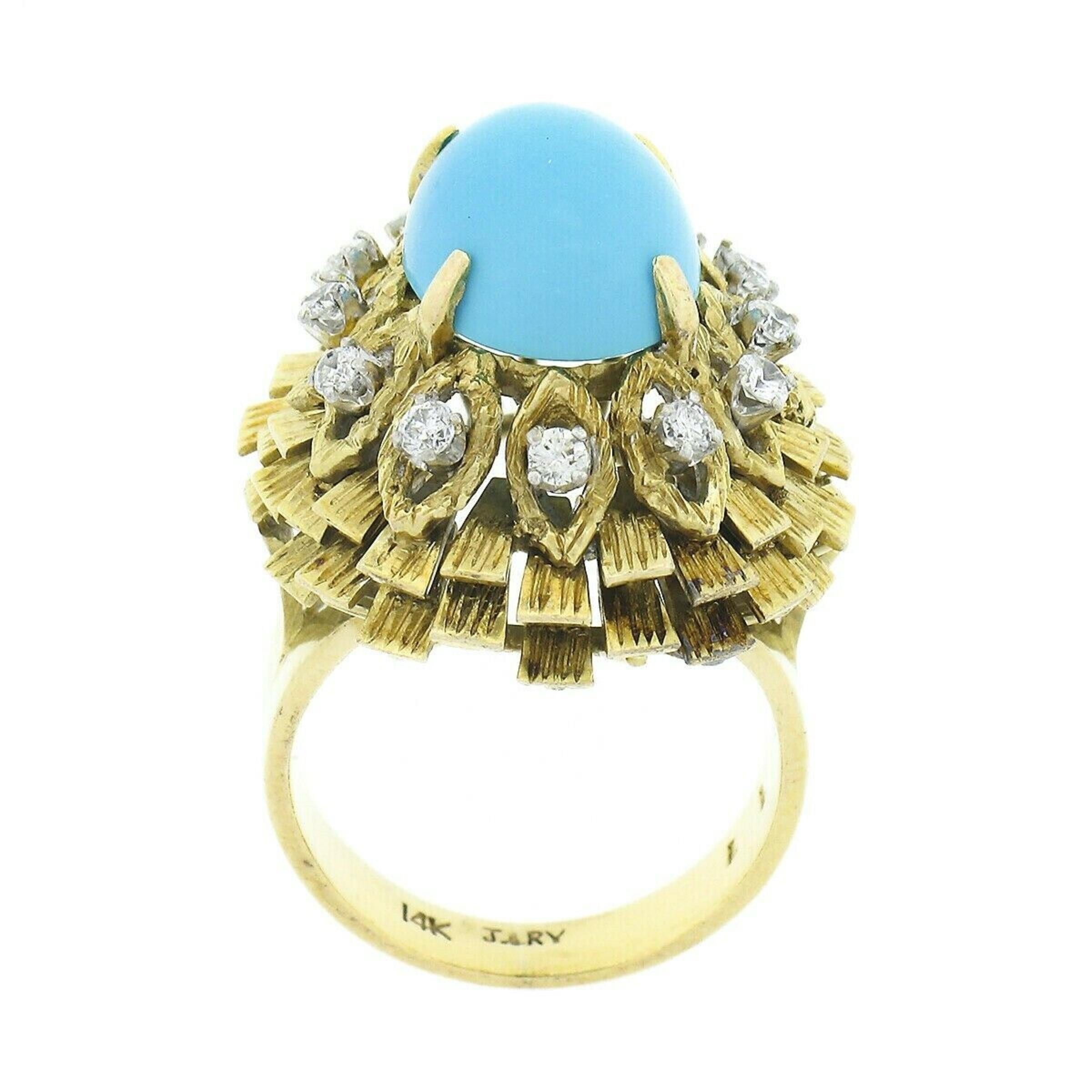 Vintage 14k Gold Cabochon Turquoise .36ct Diamond Textured Layered Cocktail Ring For Sale 3