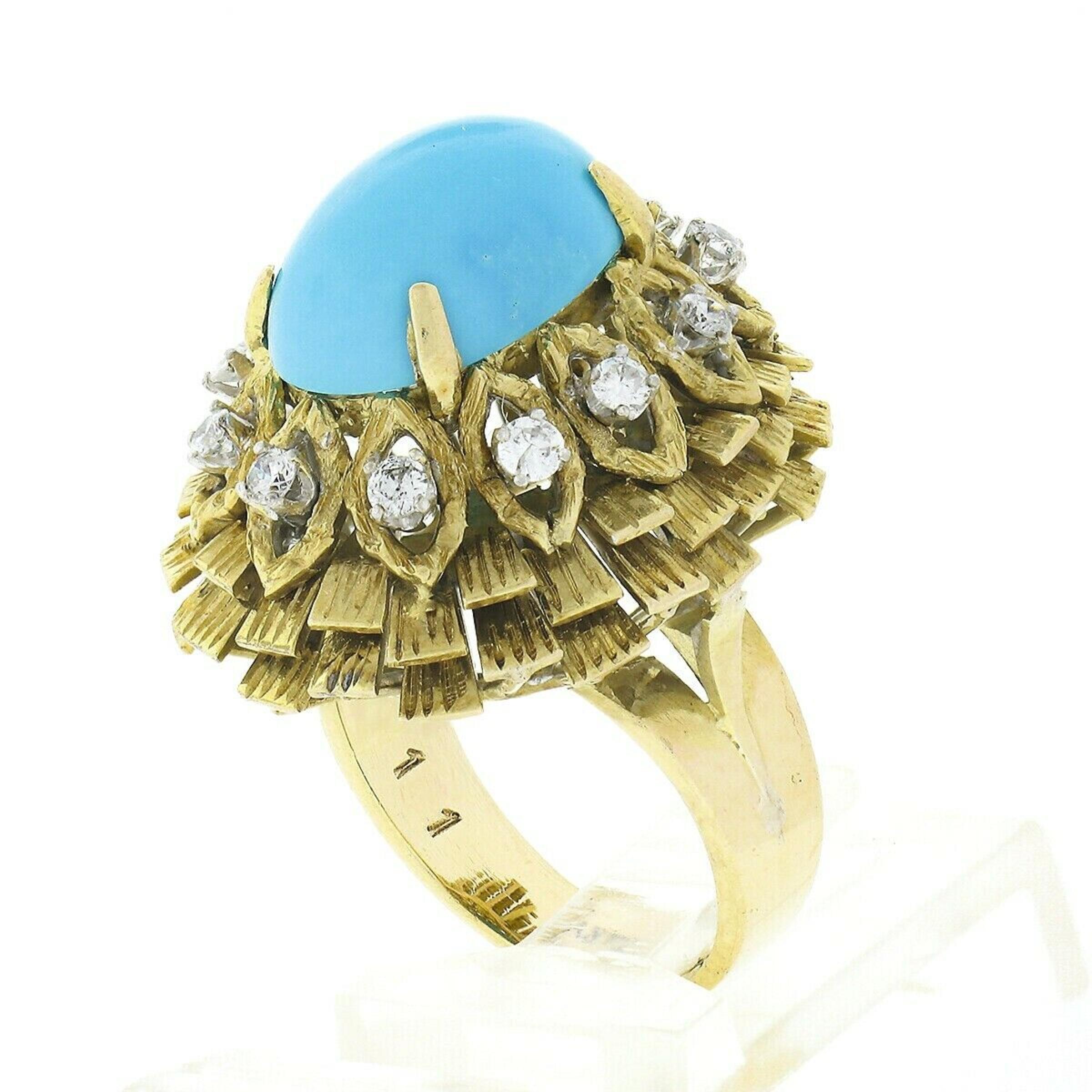 Vintage 14k Gold Cabochon Turquoise .36ct Diamond Textured Layered Cocktail Ring For Sale 4