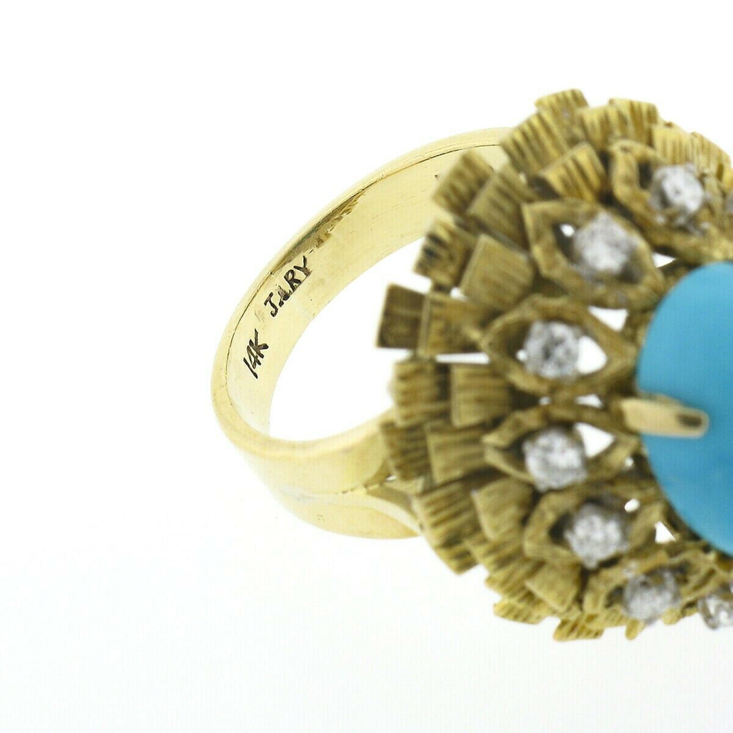 Vintage 14k Gold Cabochon Turquoise .36ct Diamond Textured Layered Cocktail Ring For Sale 5