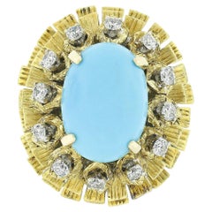 Vintage 14k Gold Cabochon Turquoise .36ct Diamond Textured Layered Cocktail Ring