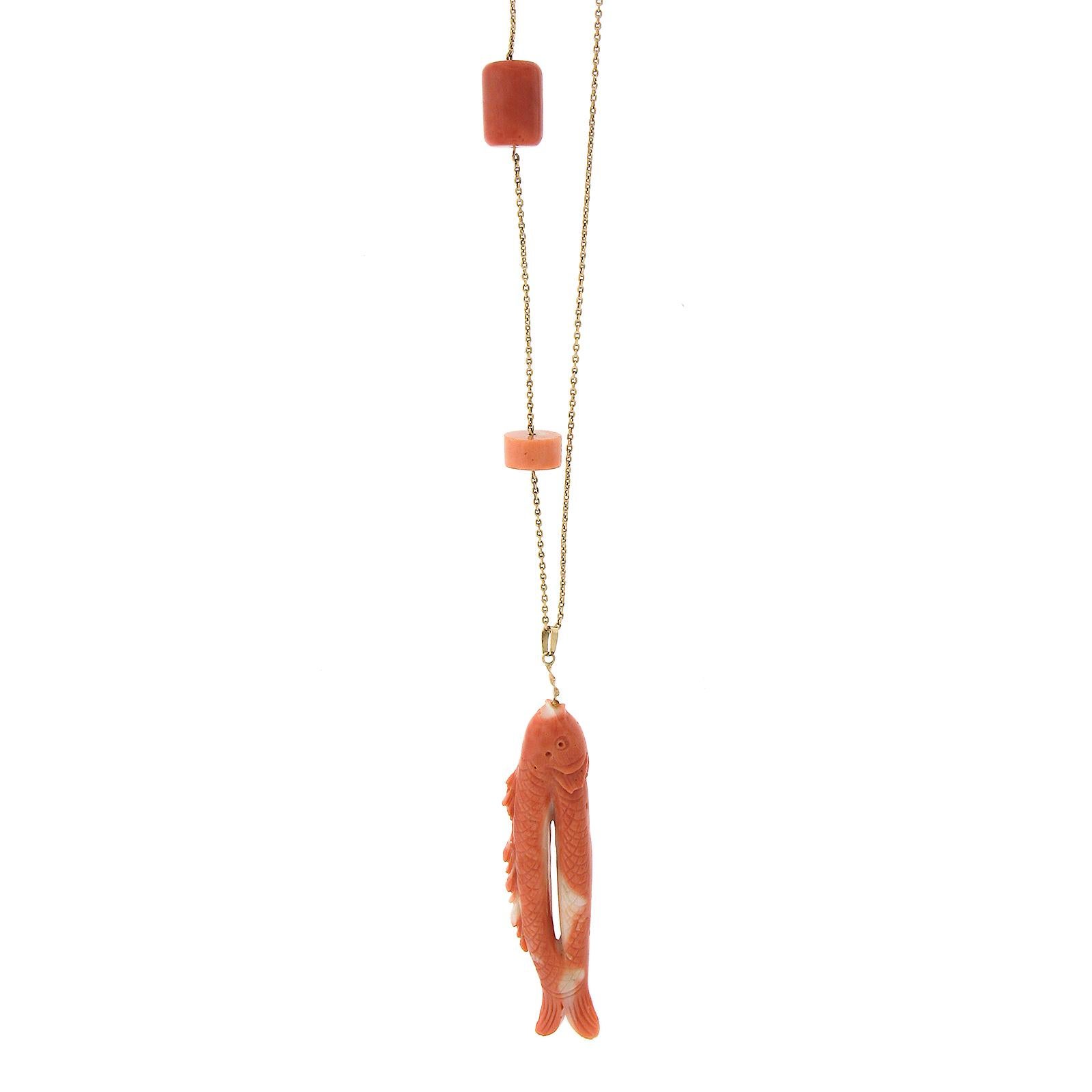 Vintage 14k Gold Carved Coral Fish on Line Pendant & Tubes on Chain Necklace In Good Condition For Sale In Montclair, NJ