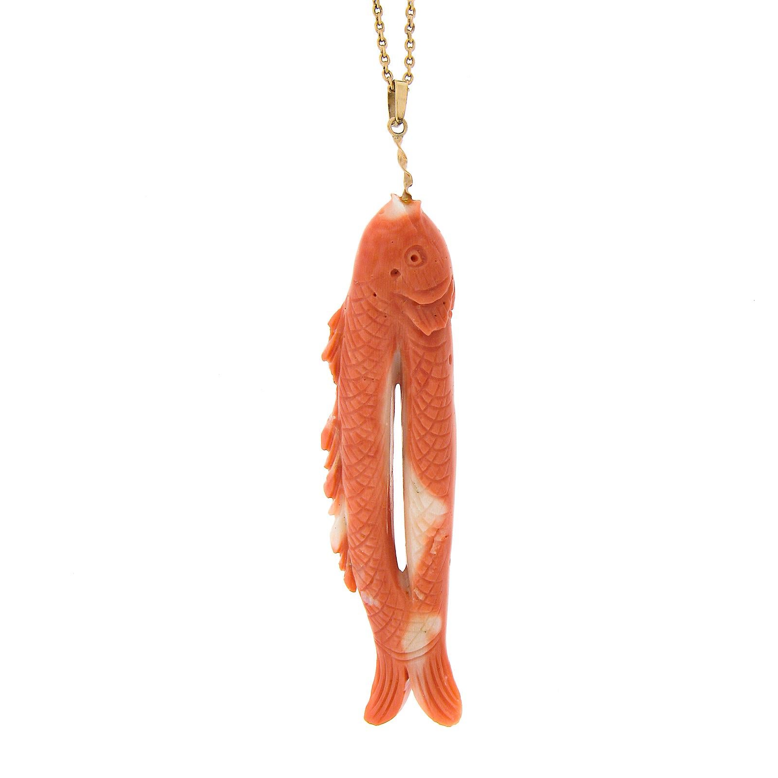 Women's or Men's Vintage 14k Gold Carved Coral Fish on Line Pendant & Tubes on Chain Necklace For Sale