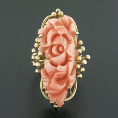 Vintage 14k Gold Carved Flower Elongated Coral Hand Wire Bead Work Dinner Ring