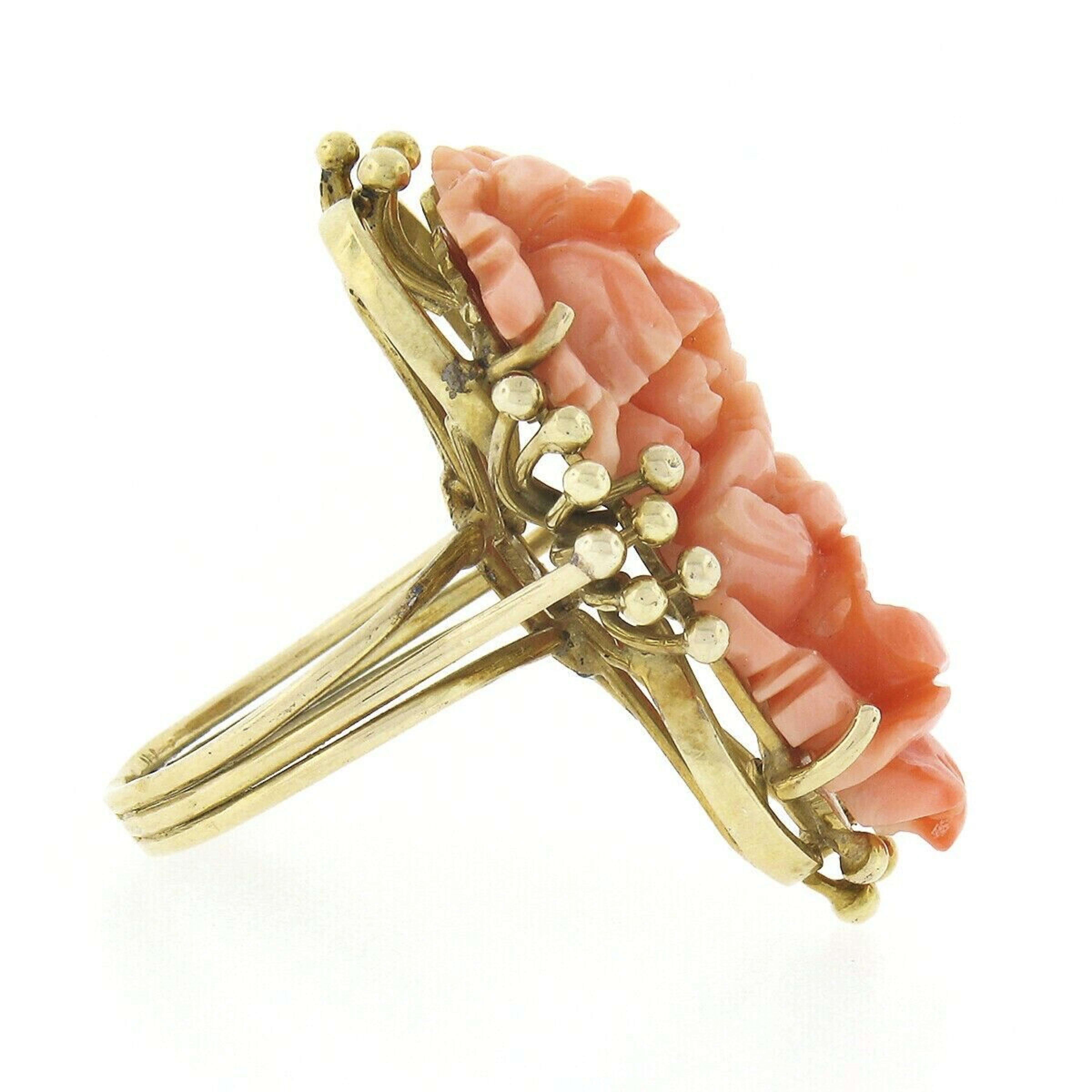 Oval Cut Vintage 14k Gold Carved Flower Elongated Coral Hand Wire Bead Work Dinner Ring For Sale