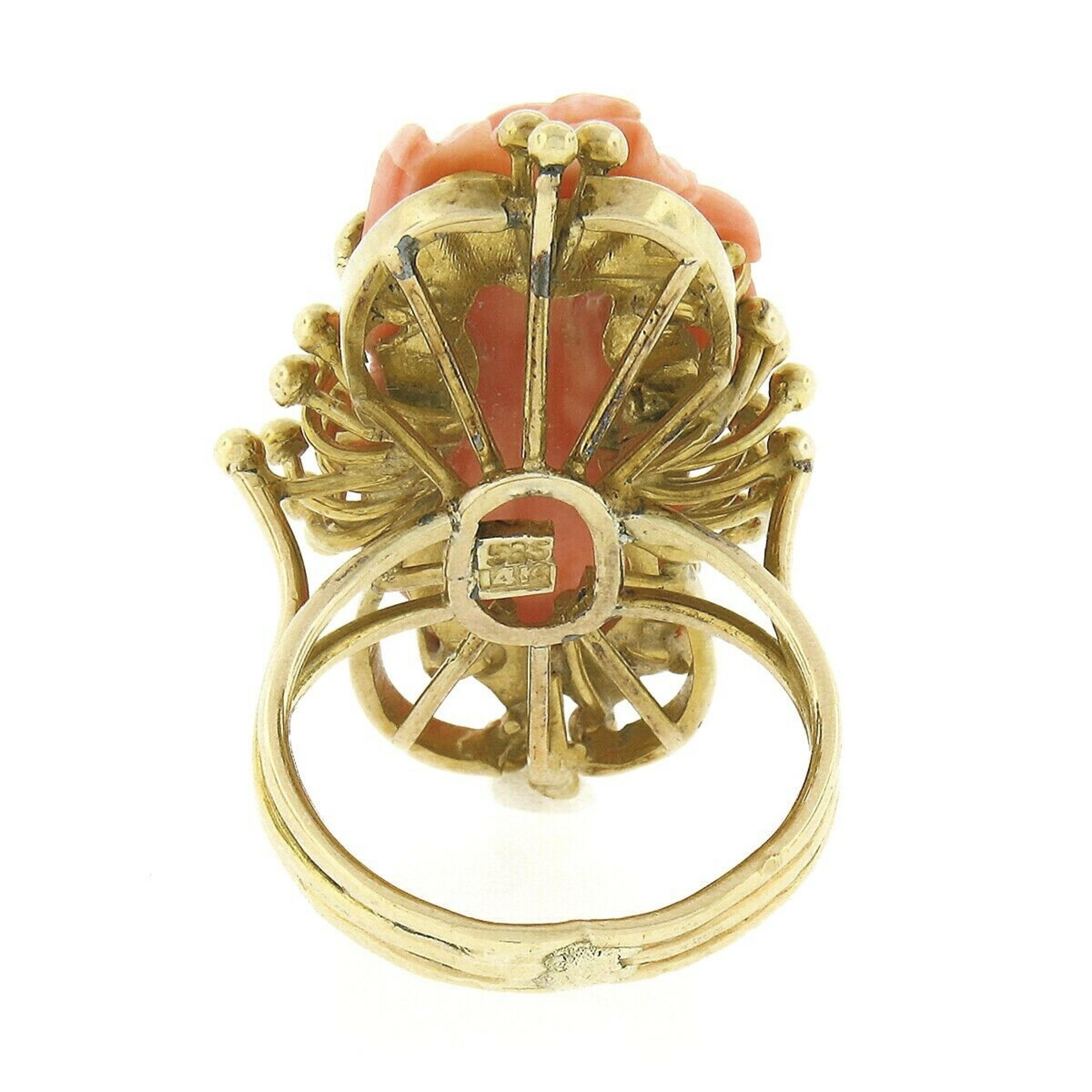 Women's Vintage 14k Gold Carved Flower Elongated Coral Hand Wire Bead Work Dinner Ring For Sale