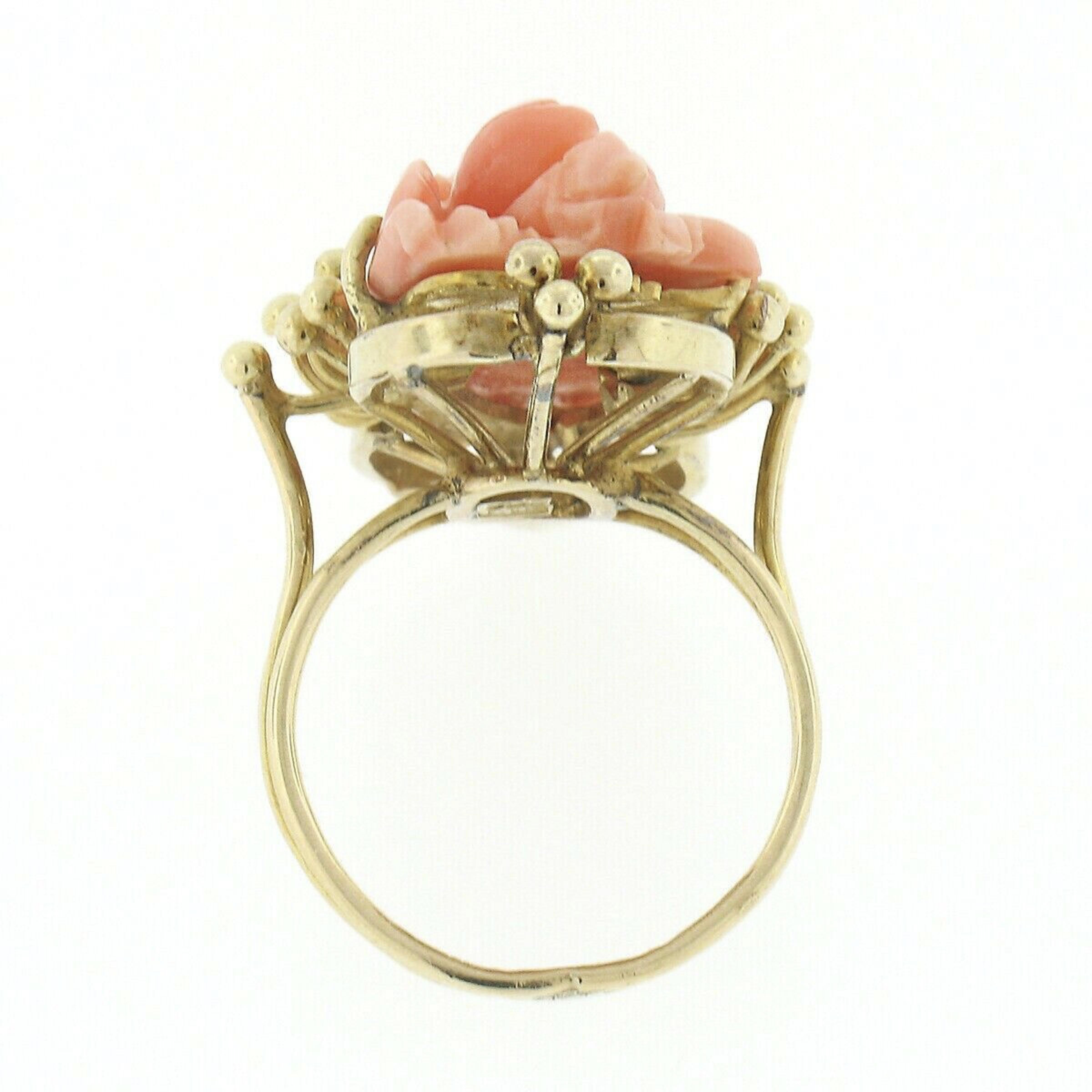 Vintage 14k Gold Carved Flower Elongated Coral Hand Wire Bead Work Dinner Ring For Sale 1