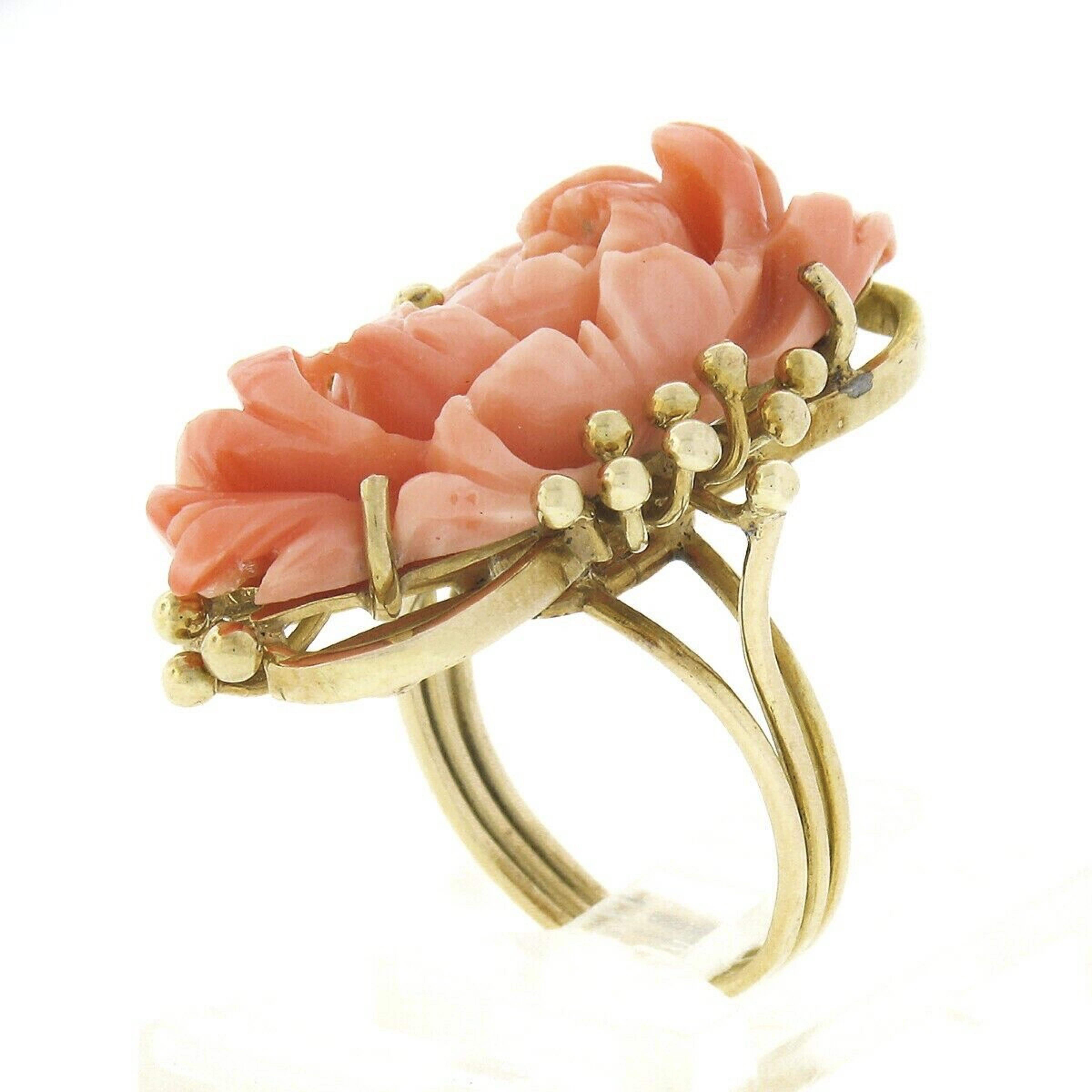 Vintage 14k Gold Carved Flower Elongated Coral Hand Wire Bead Work Dinner Ring For Sale 2