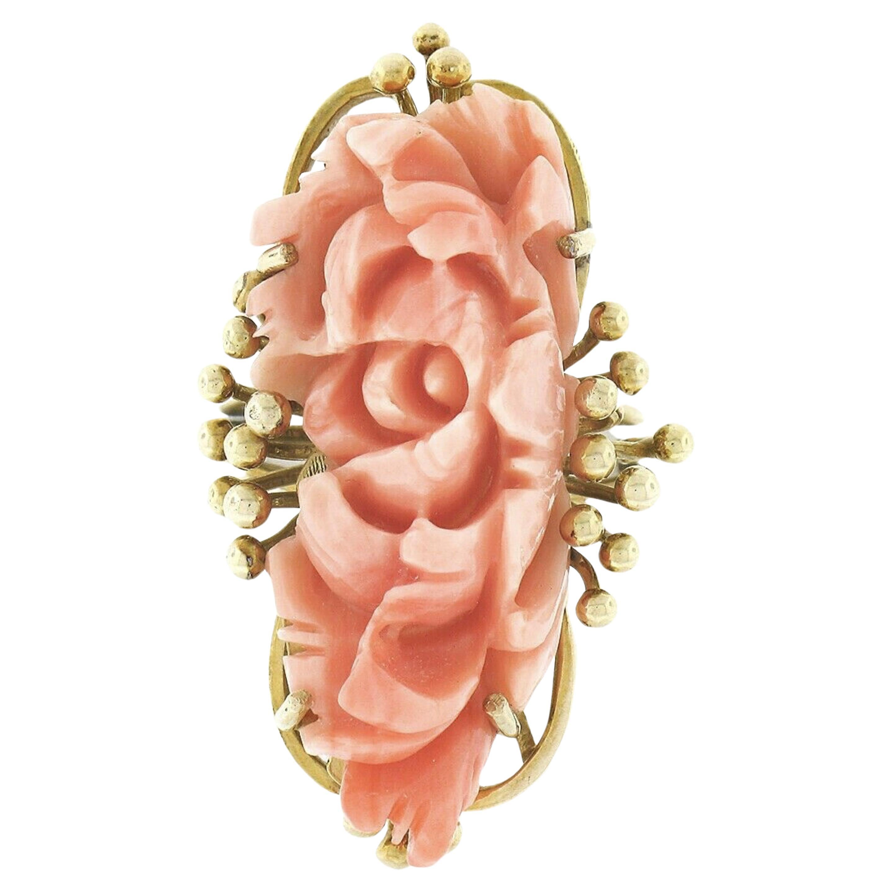 Vintage 14k Gold Carved Flower Elongated Coral Hand Wire Bead Work Dinner Ring For Sale
