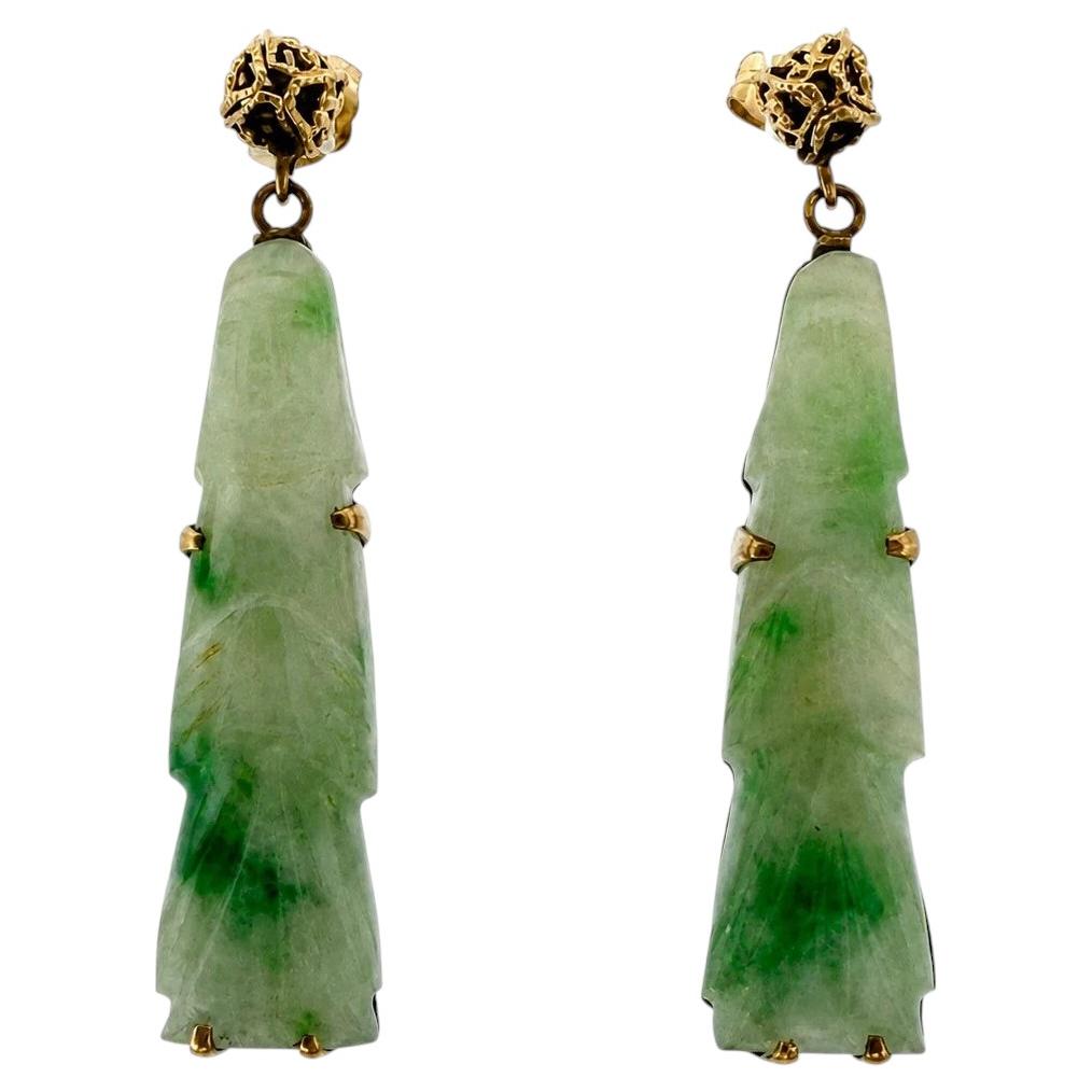 Vintage 14K Gold Carved Jade Drop Earrings Green Jadeite 8.16g Estate
