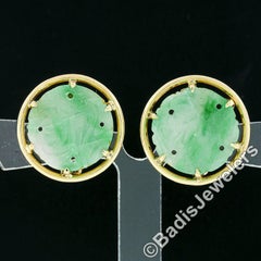 Vintage 14K Gold Carved Jade Large Round Multi Prong Set Button Clip On Earrings