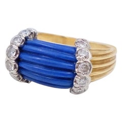 Vintage 14K Gold Carved Lapis Lazuli Diamonds Ring size 4.5