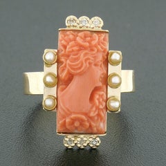 Vintage 14k Gold Carved Rectangular Coral Cameo Diamond & Seed Pearl Frame Ring