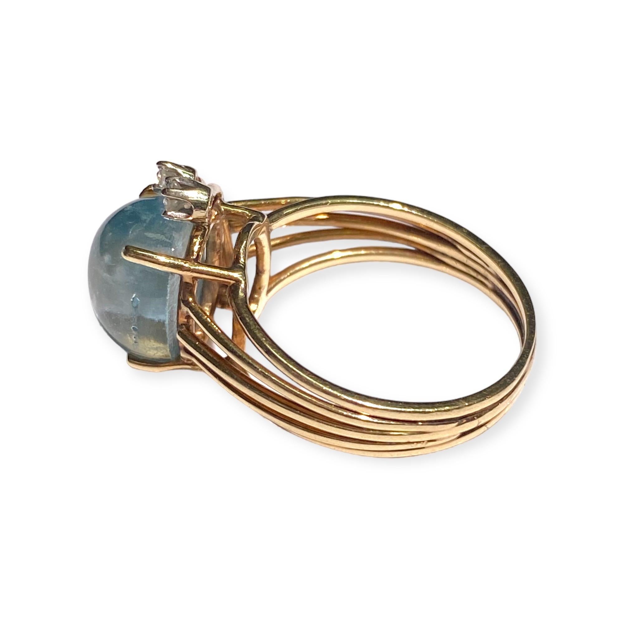 Cabochon Vintage 14K Gold Cat's Eye Aquamarine and Diamond Ring For Sale