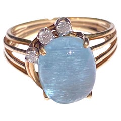 Vintage 14K Gold Cat's Eye Aquamarine and Diamond Ring