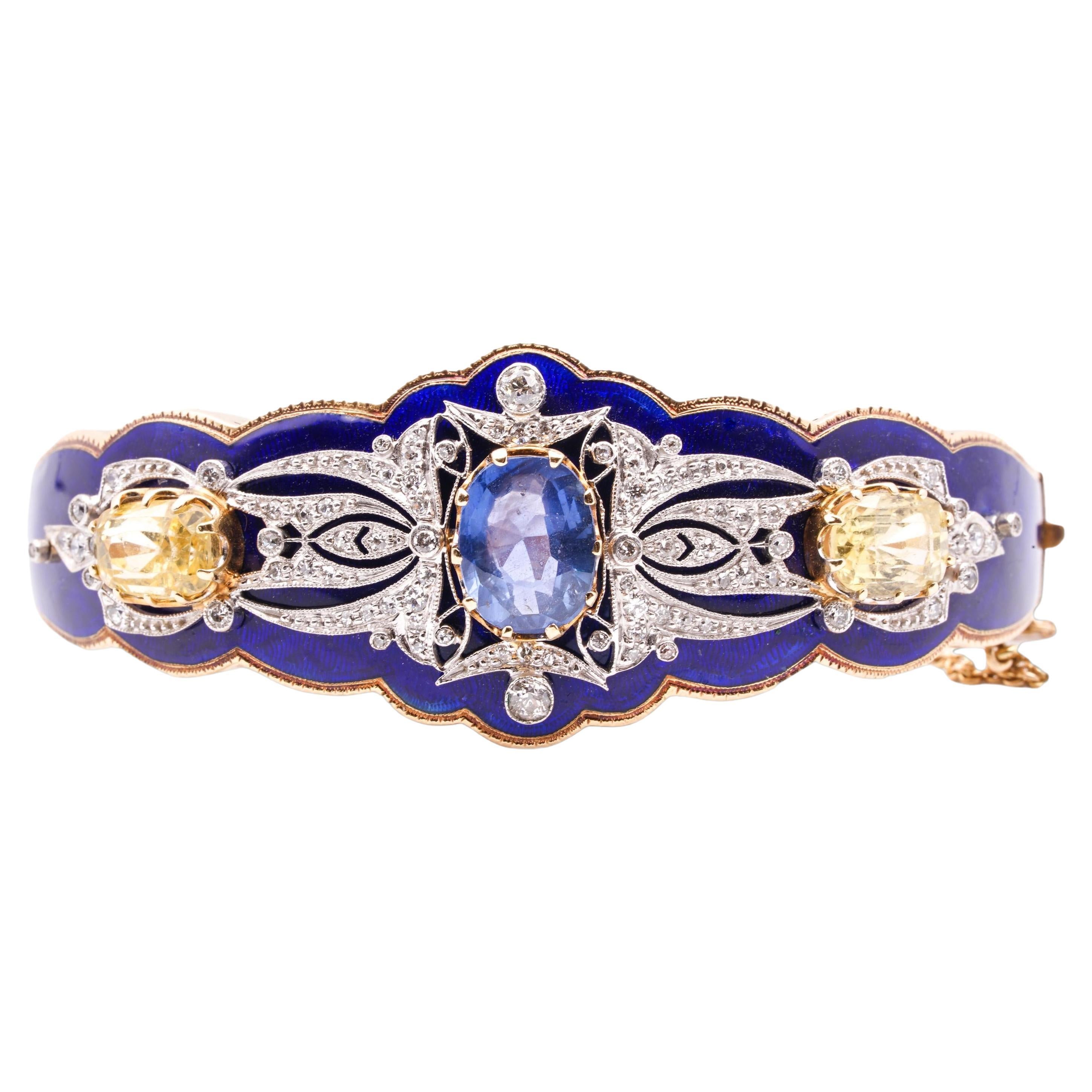 Vintage 14K Gold Certified 3.48 Burma No-Heat Sapphire Enamel Bangle Bracelet For Sale