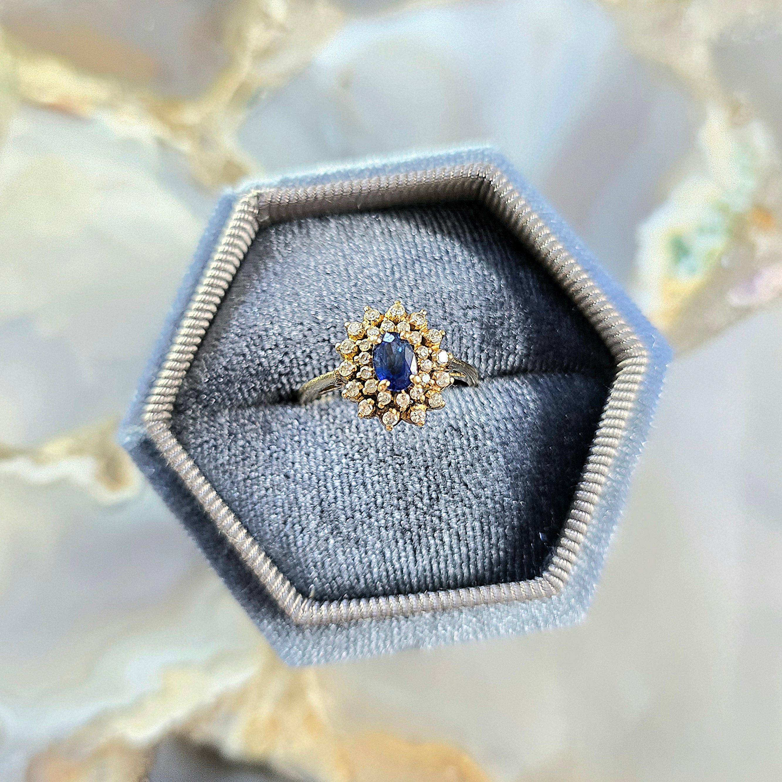 One of our most special finds, this ring has a beautiful, mid-blue Ceylon Sapphire surrounded by two rows of Swiss-cut diamonds and set in 14k yellow gold.

Ceylon Sapphires are highly prized, known for their stunning colour and sparkle.  Princess
