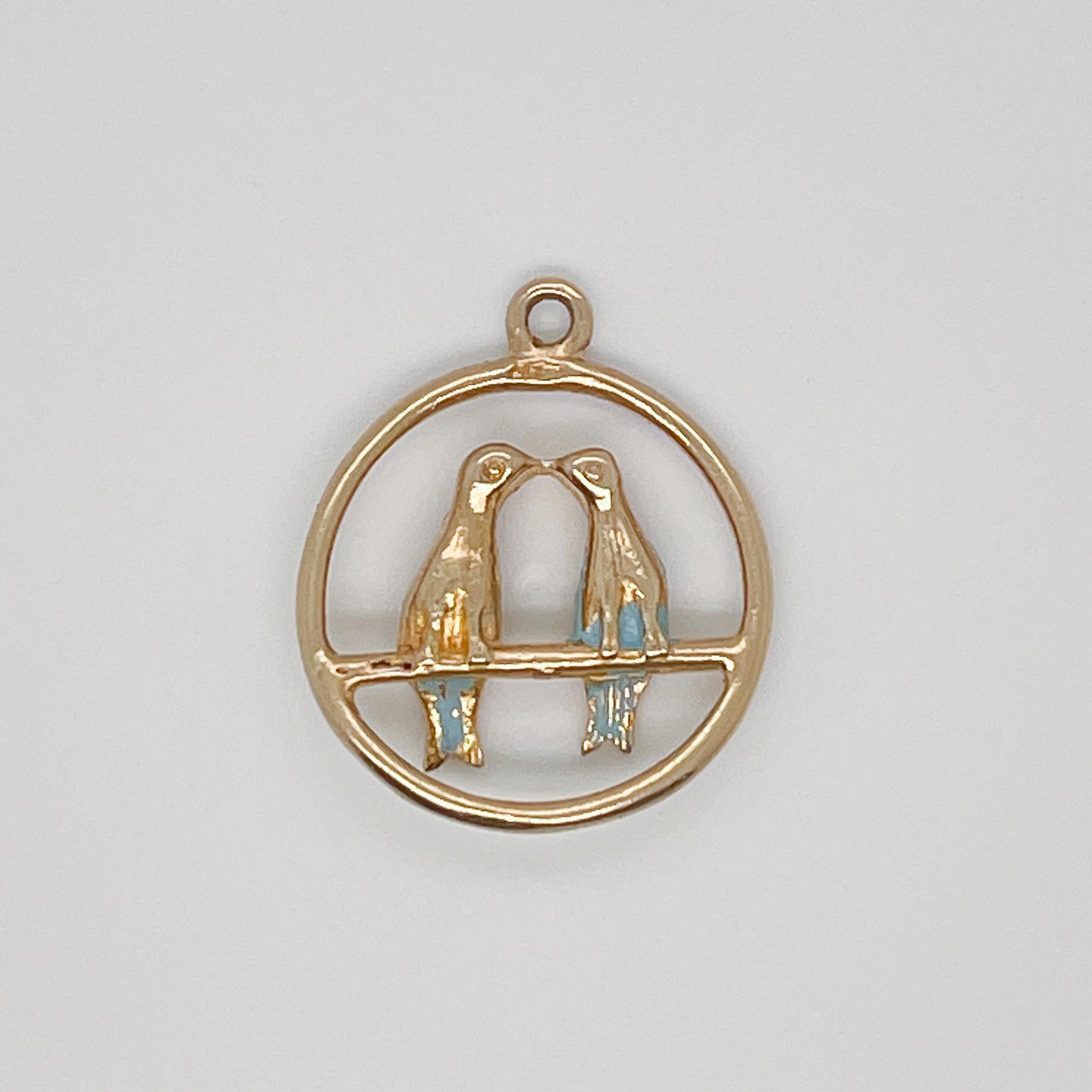 Retro Vintage 14K Gold Charm for a Bracelet of Two Lovebirds