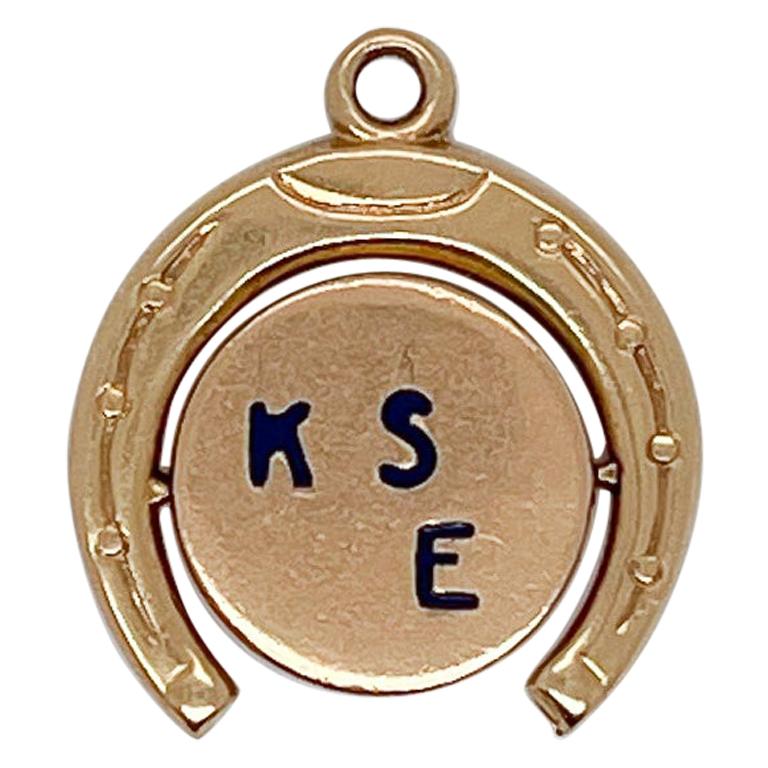 Vintage 14K Gold Charm of a Spinning "Kiss Me" Horseshoe for a Charm Bracelet 
