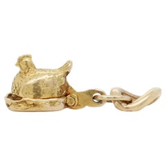 Vintage 14K Gold Charm of Hen Sitting on Nest of Chicks