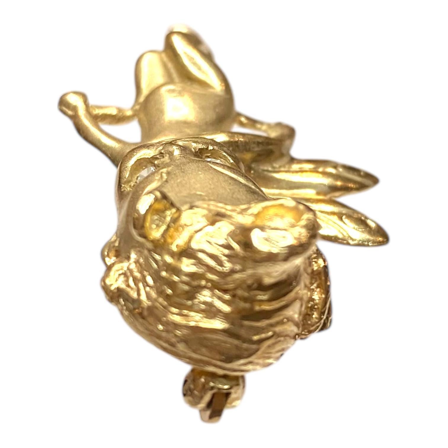 Single Cut Vintage 14K Gold Cherub Brooch with Diamond Eyes For Sale