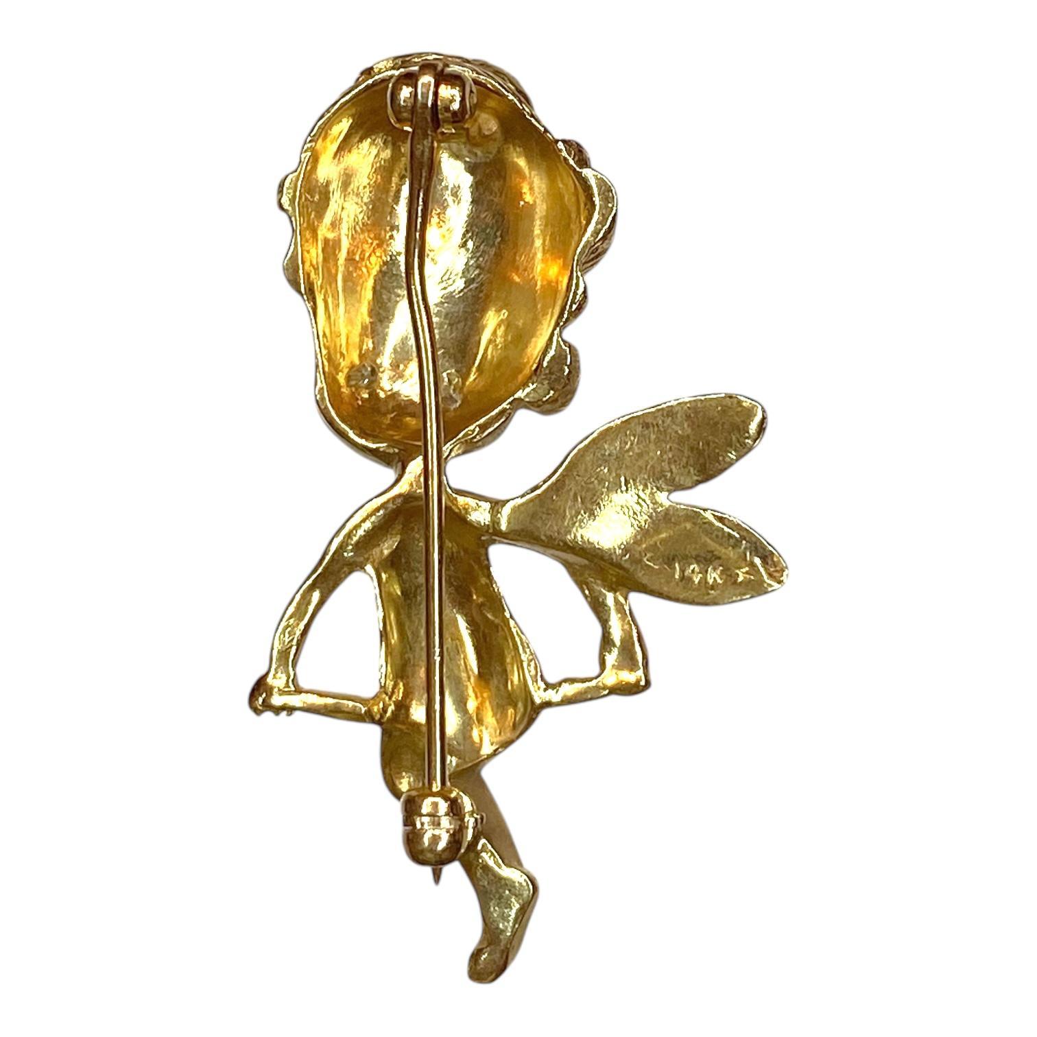 Women's or Men's Vintage 14K Gold Cherub Brooch with Diamond Eyes For Sale