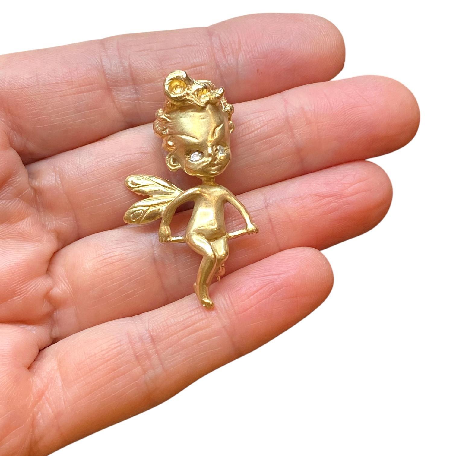 Vintage 14K Gold Cherub Brooch with Diamond Eyes For Sale 1