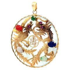 Vintage 14K Gold Chinese Dragon & Phoenix Multi-Stone Pendant