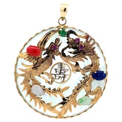 Vintage 14K Gold Chinese Dragon & Phoenix Multi-Stone Pendant