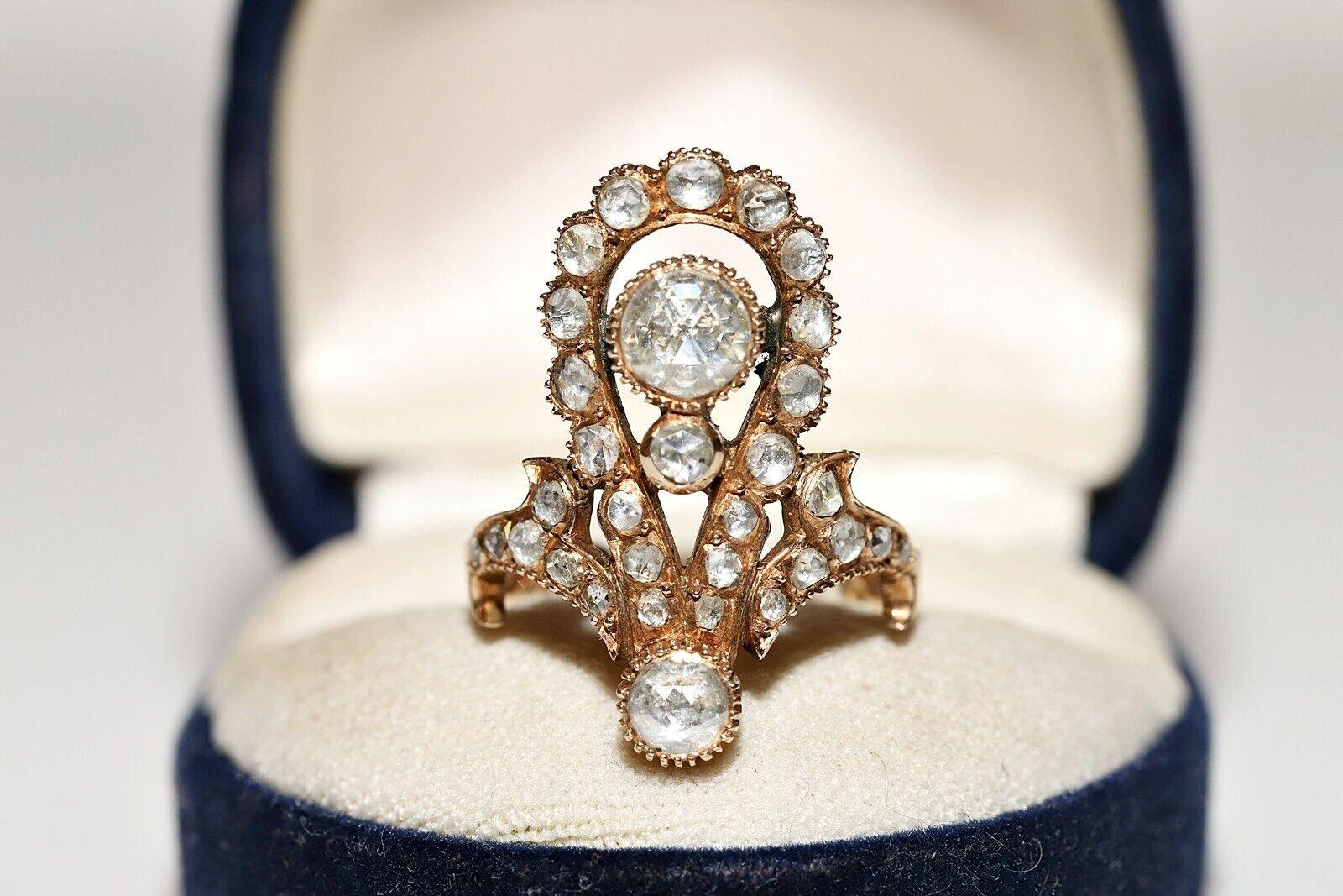 Vintage 14k Gold Circa 1960s Handmade Natural Rose Cut Diamond Decorated Ring For Sale 7
