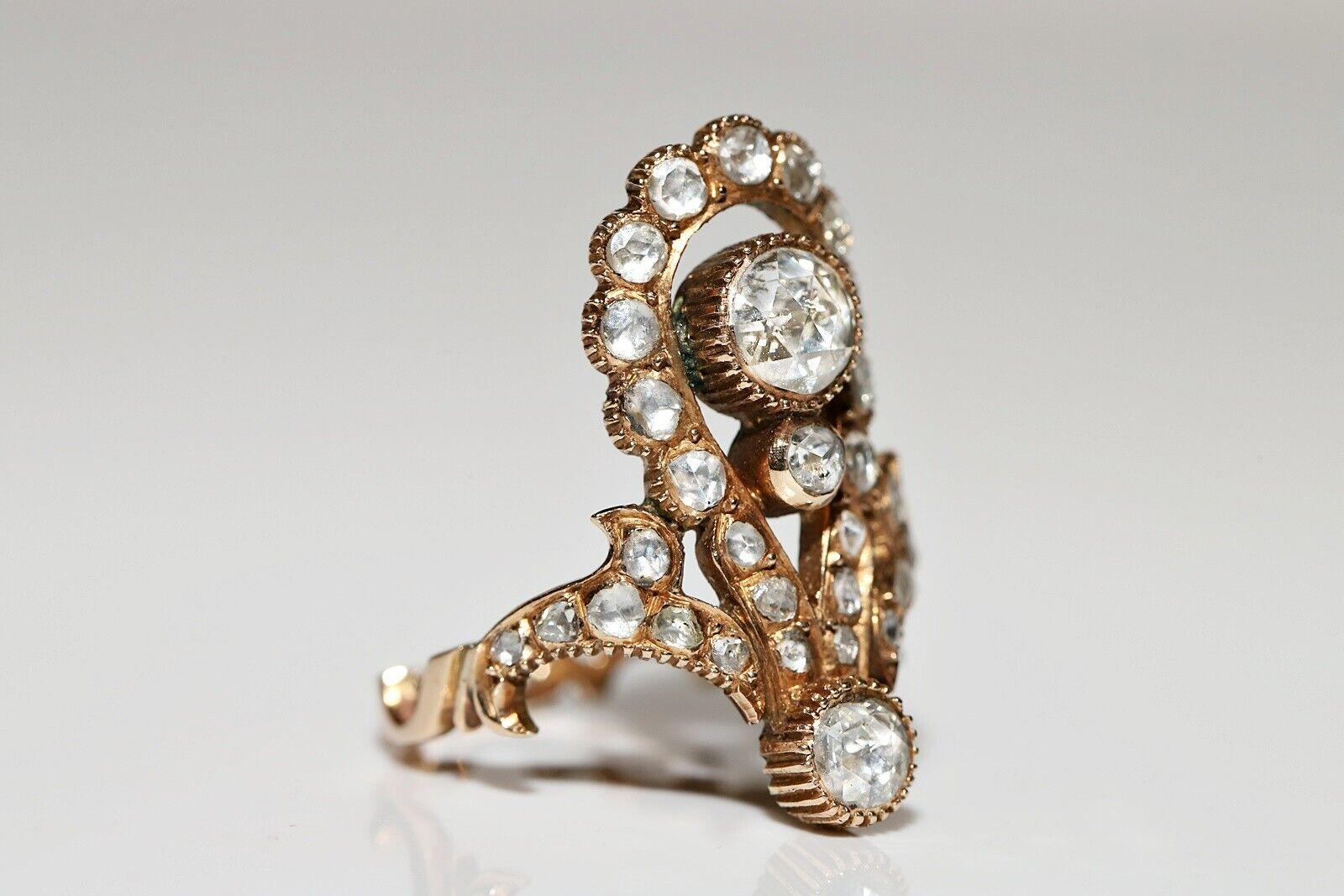 Retro Vintage 14k Gold Circa 1960s Handmade Natural Rose Cut Diamond Decorated Ring For Sale