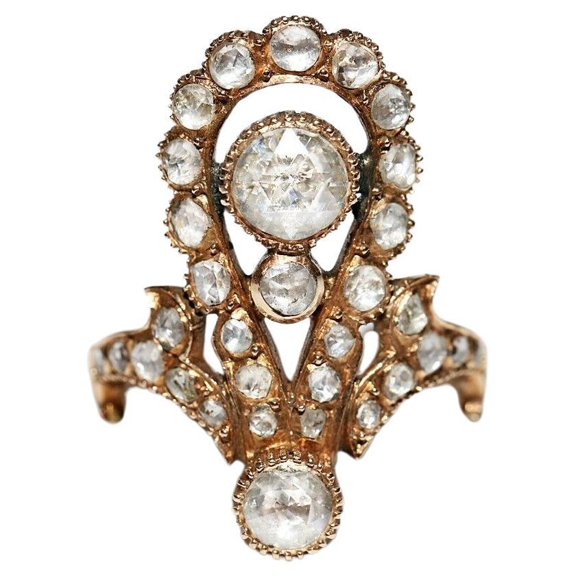 Vintage 14k Gold Circa 1960er Jahre Handgefertigter natürlicher Rosenschliff Diamant-Dekorierter Ring im Angebot