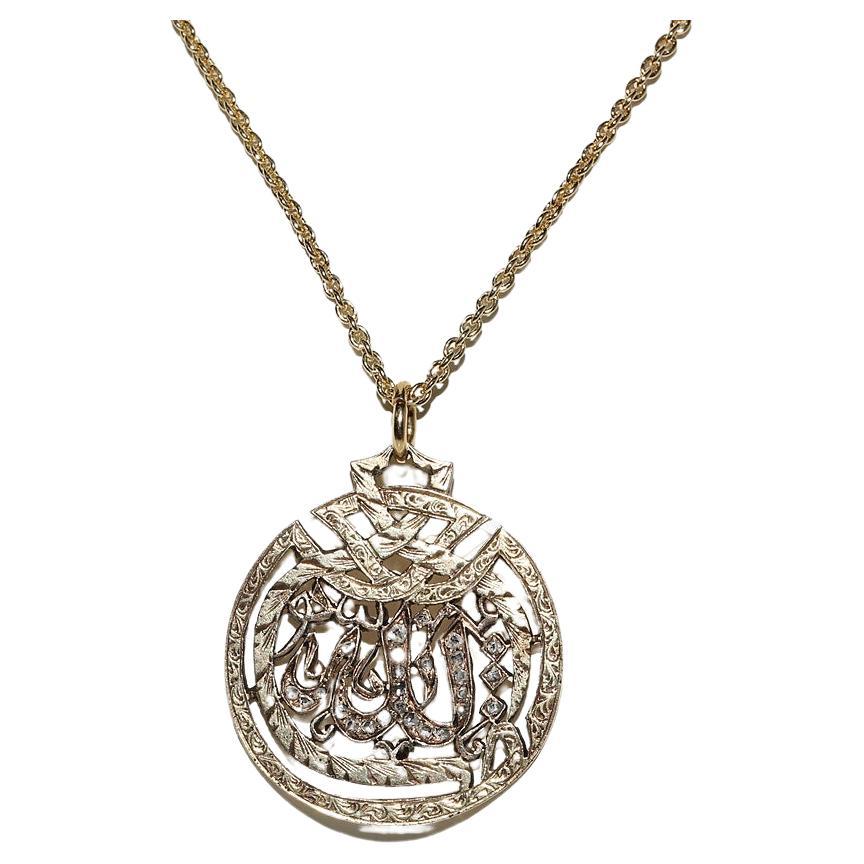 Vintage 14k Gold Circa 1960s  Rose Cut Diamond  Allah Written Pendant Necklace For Sale