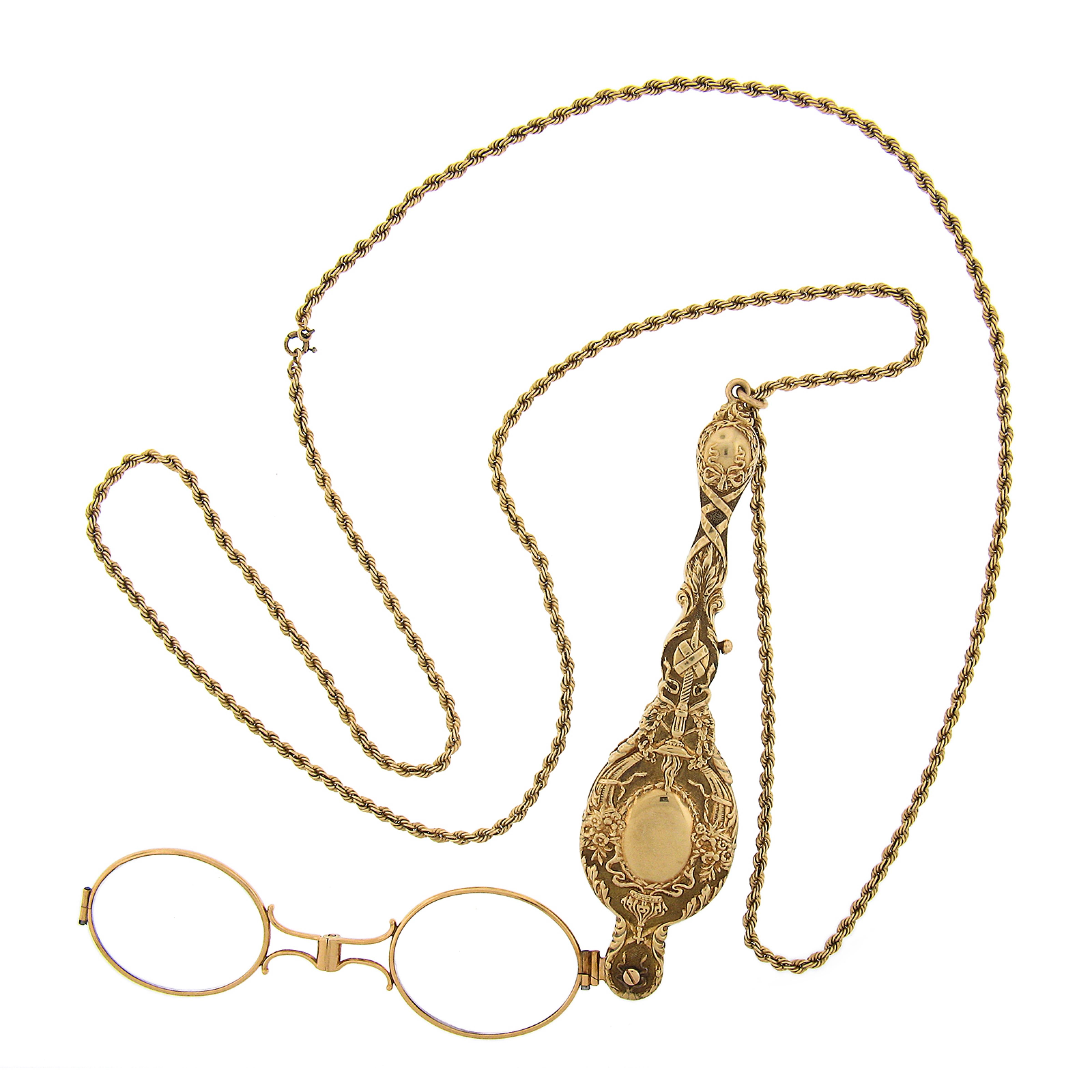 Vintage 14k Gold Collectible Lorgnette Opera Glasses & Rope Chain Necklace In Good Condition For Sale In Montclair, NJ