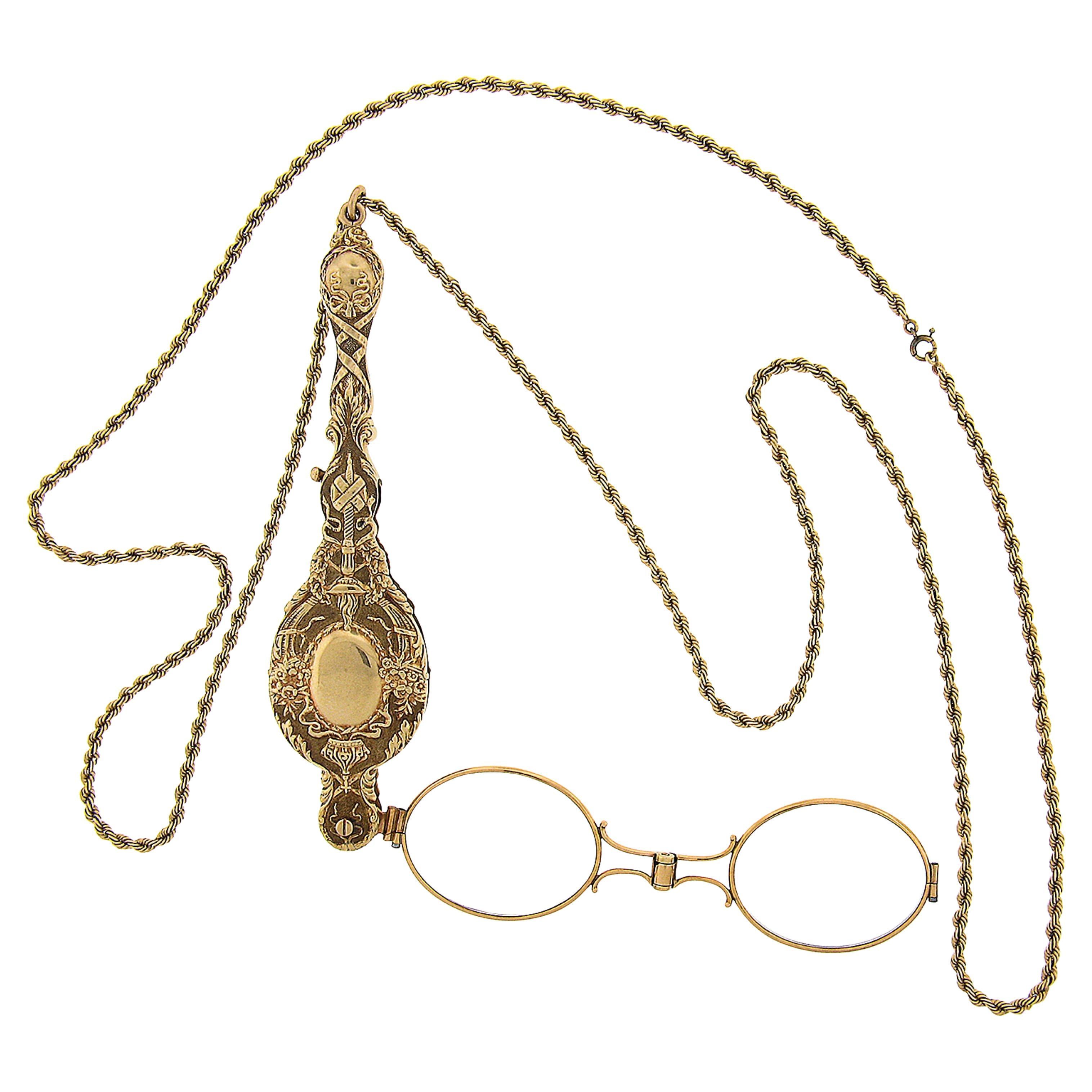 Vintage 14k Gold Collectible Lorgnette Opera Glasses & Rope Chain Necklace For Sale