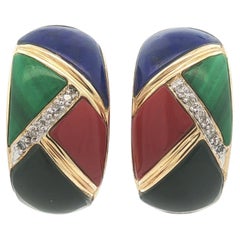 Vintage 14k Gold Colorful Inlaid Multi Gemstones Diamond Curved Cuff Earrings