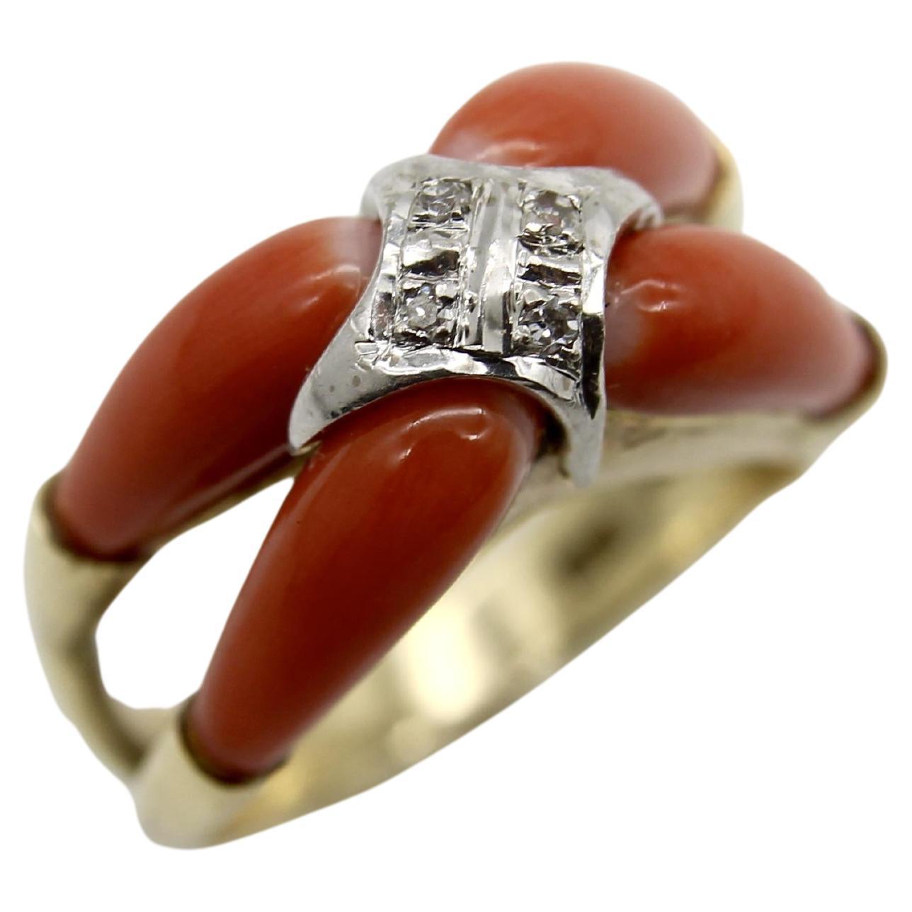 Vintage 14K Gold Coral and Diamond Modernist Ring