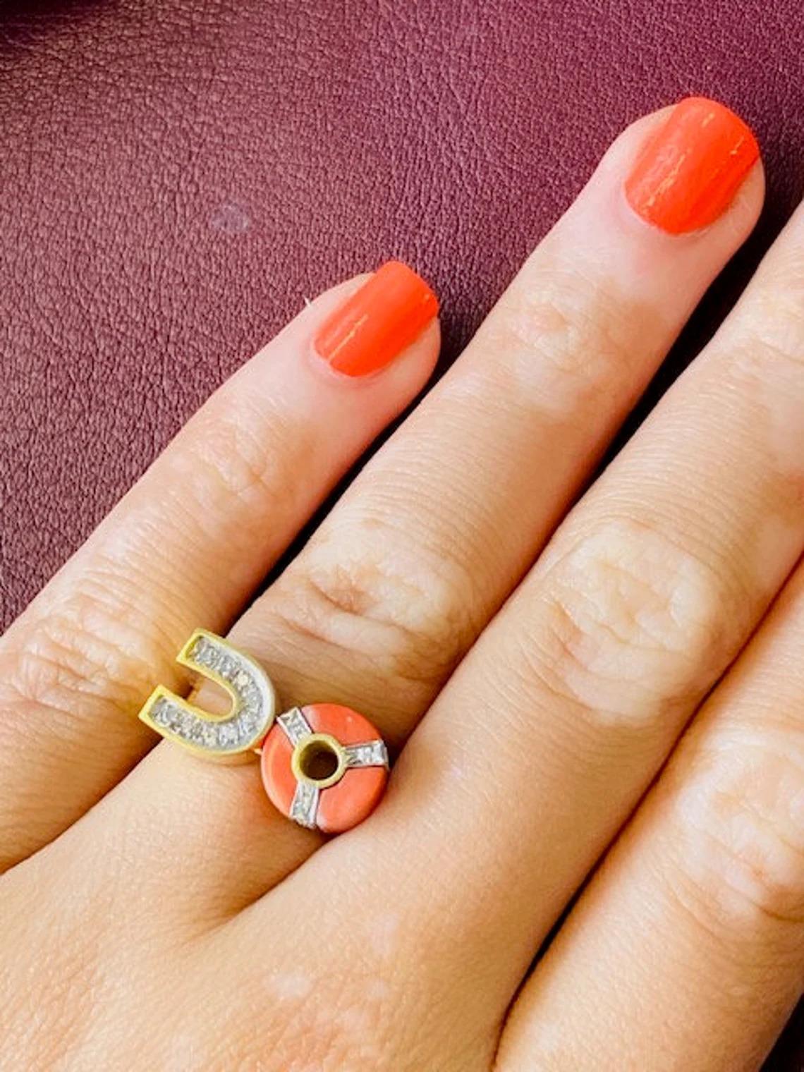 Modern Vintage 14k Gold Coral and Diamond Shape Ring One-of-a-kind For Sale