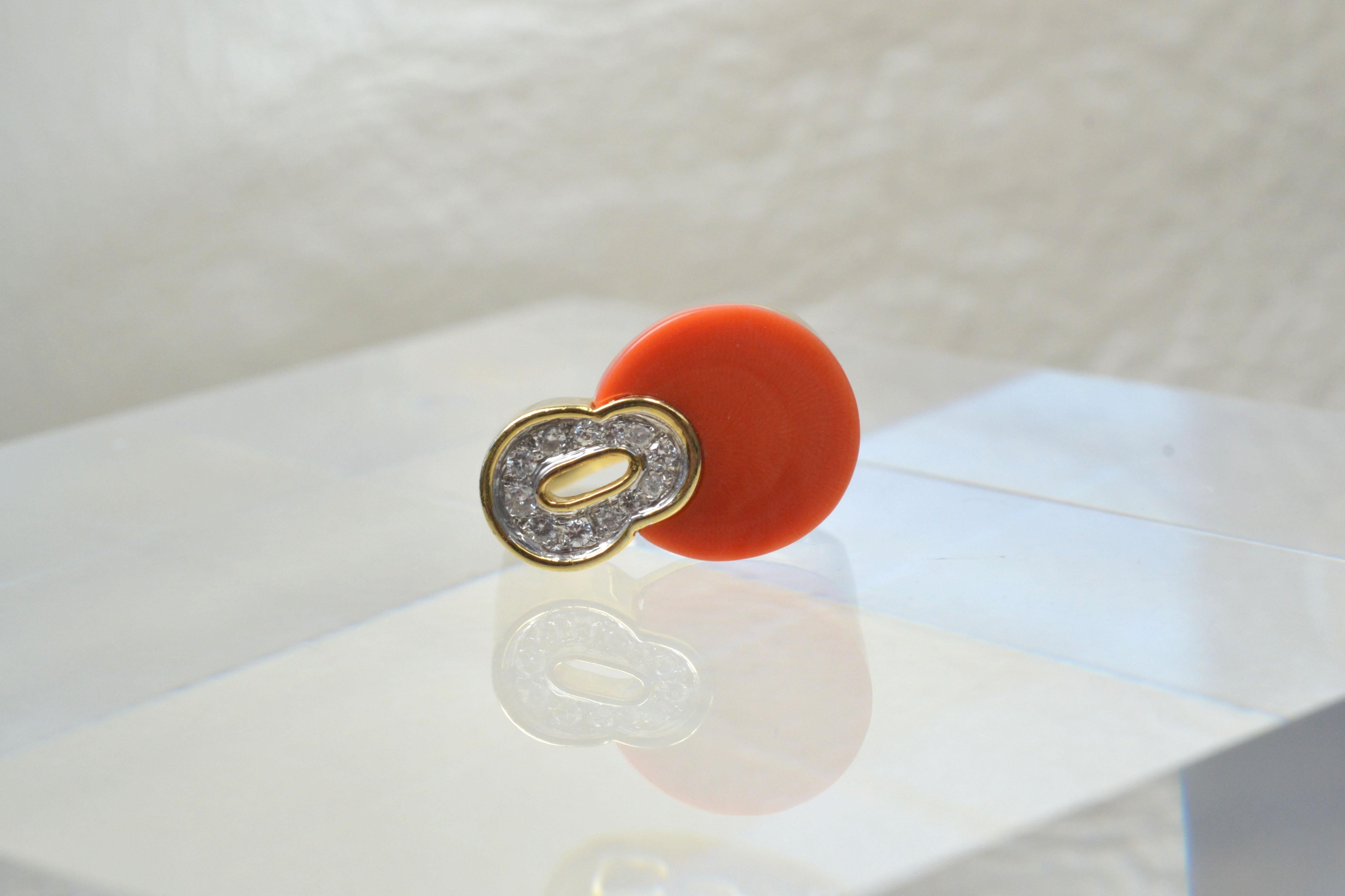 Modern Vintage 14k Gold Coral and White Diamond Ring One-of-a-kind For Sale