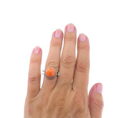 Vintage 14k Gold Coral Cabochon Diamond Halo Ring
