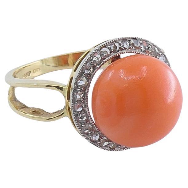 Vintage 14k Gold Coral Cabochon Diamond Halo Ring