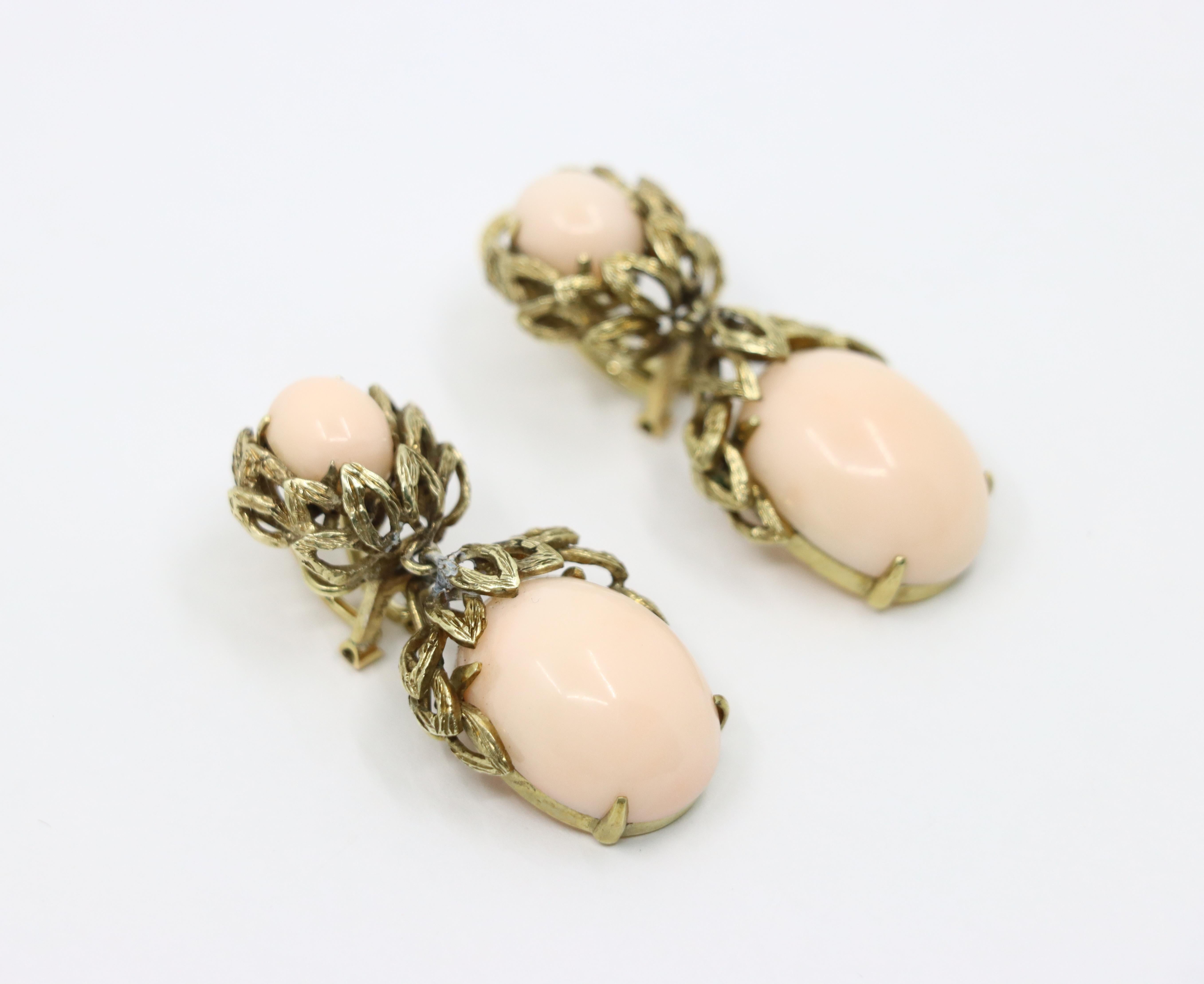 Ohrringe, 14 Karat Gold Koralle Cabochon Damen im Angebot