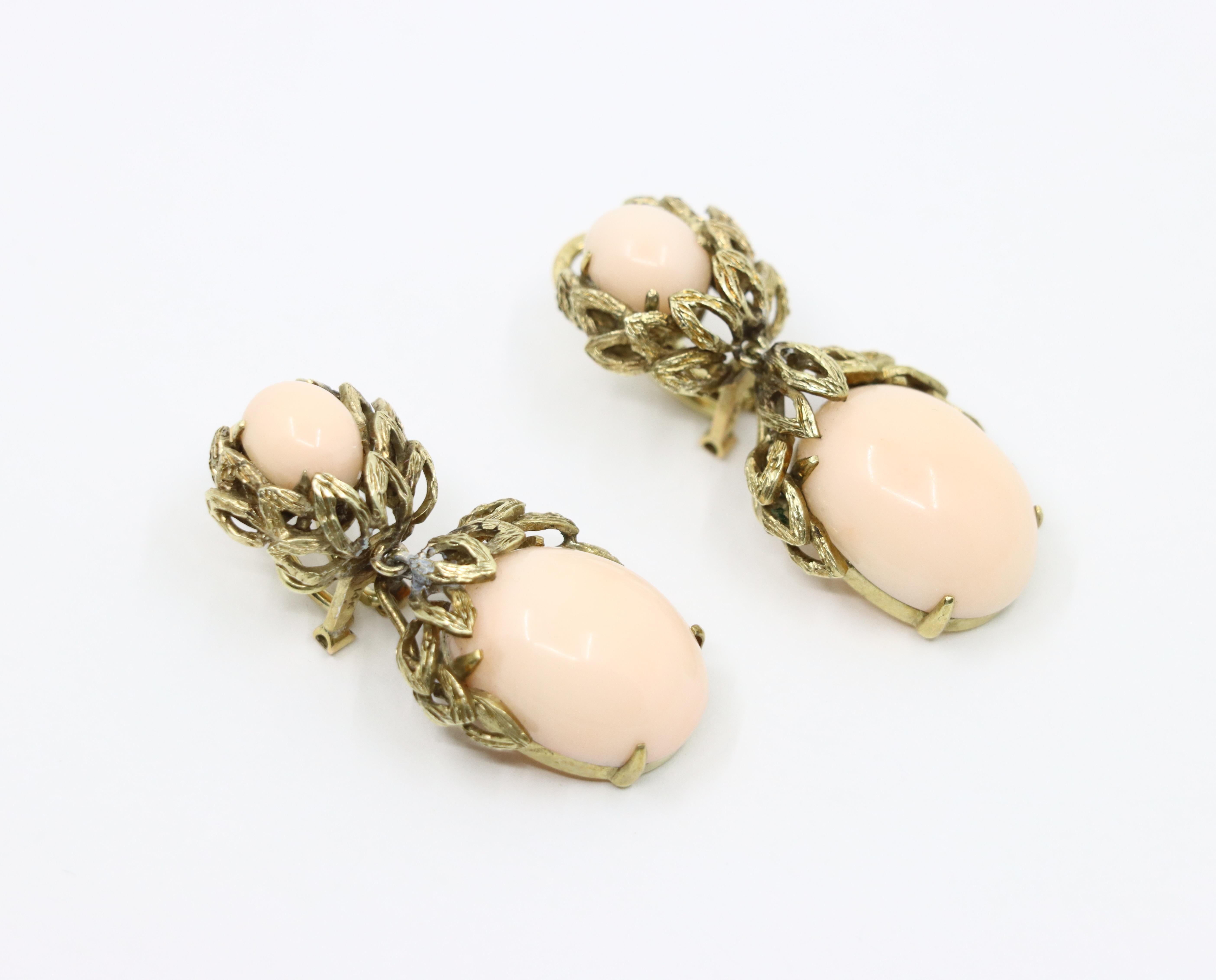 Ohrringe, 14 Karat Gold Koralle Cabochon im Angebot 2